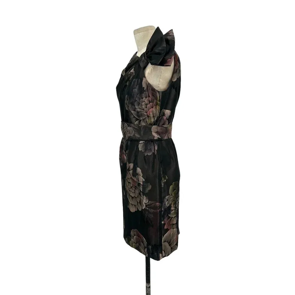 Rickie Freeman for Teri Jon Bow‎ Shoulder Brown Floral Belted Dress Size 6 - Image 4