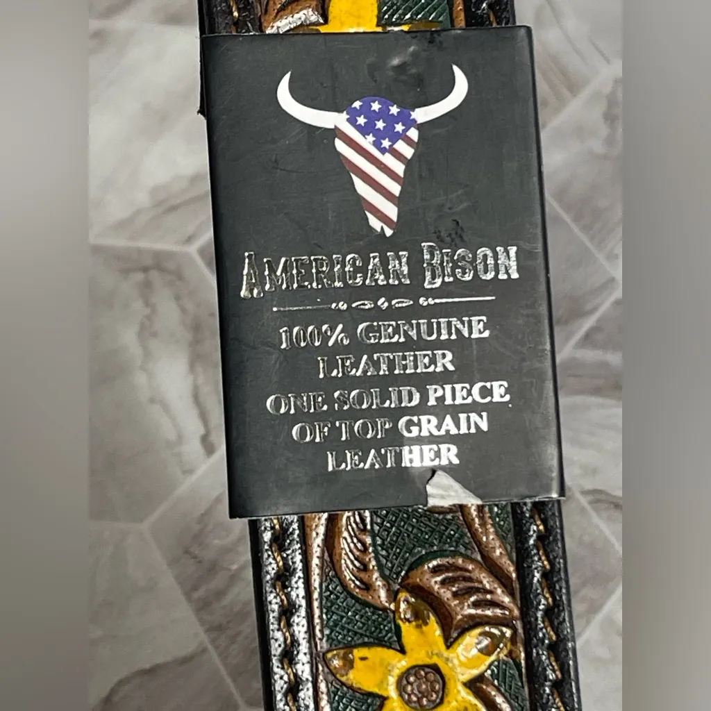 American Bison Western Leather Belt Tooled Yellow Floral Buckle Size M 34 - Image 4