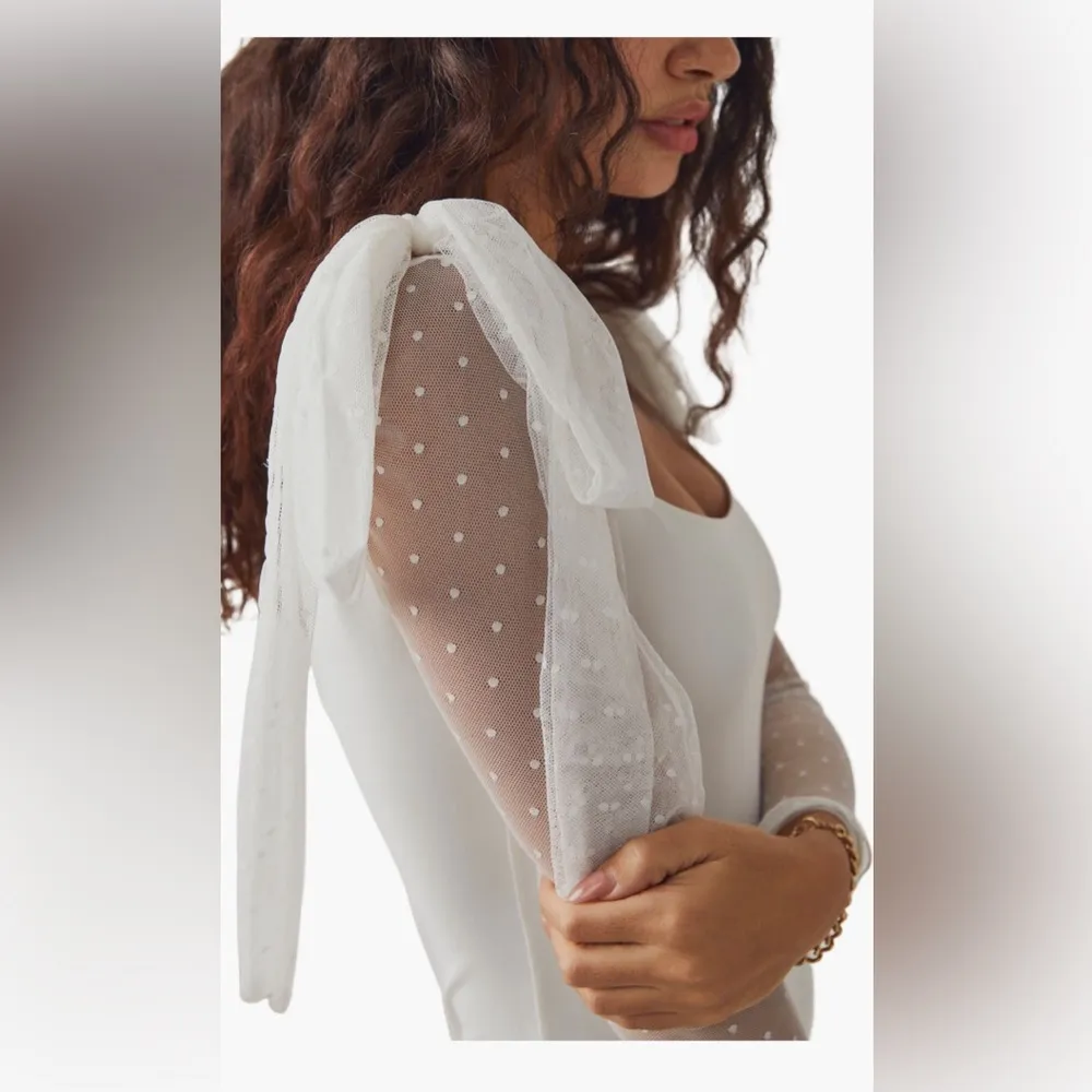 Free People Tongue Tied Mesh Sleeve Tie Shoulder Bodysuit, Ivory, Medium, $68 - Image 3