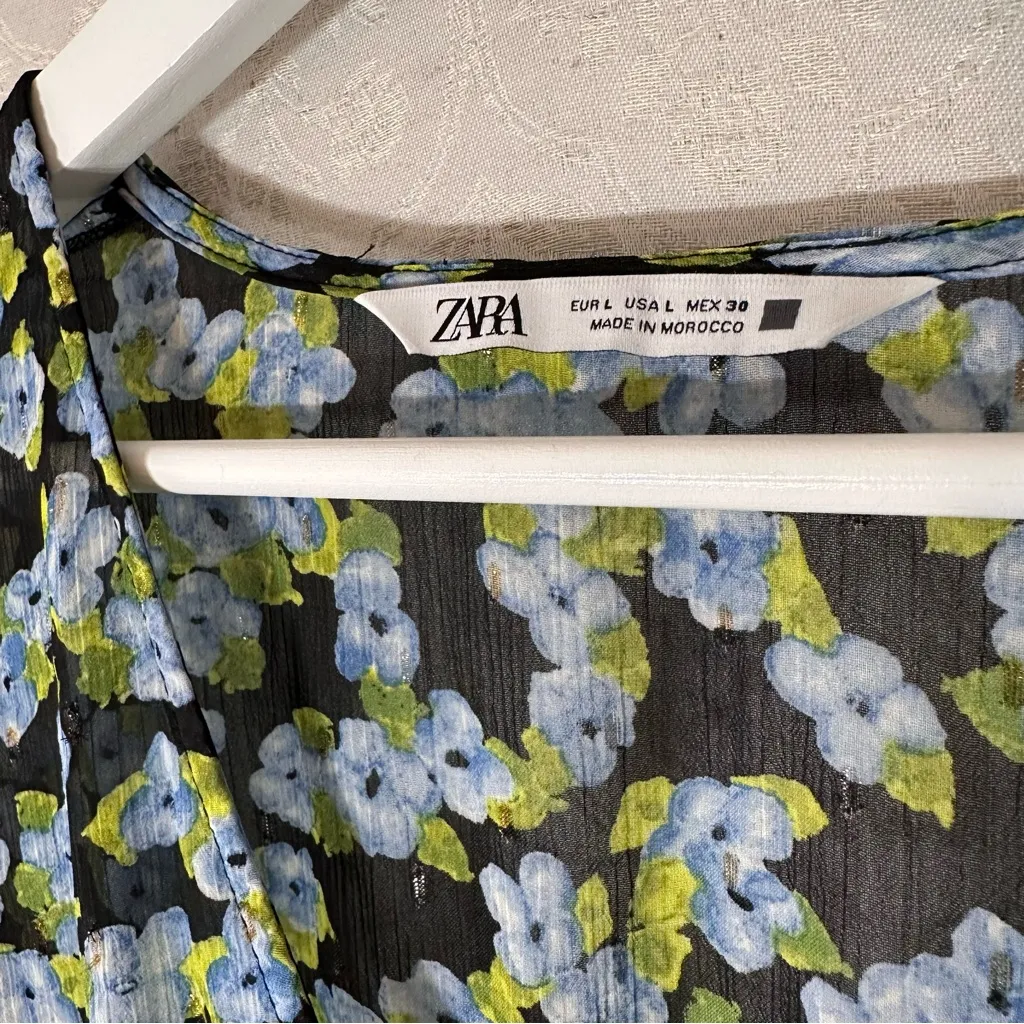 Zara Floral Print Black Blue Green Long Sleeve Mini Dress Large - Image 8