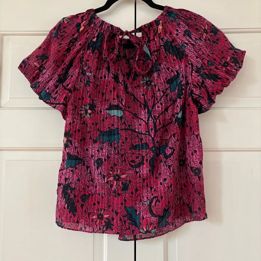 ULLA JOHNSON Pink Floral Flo Top Blouse Size 0 Puff Sleeve Tie Batik Snapdragon‎ - Image 7