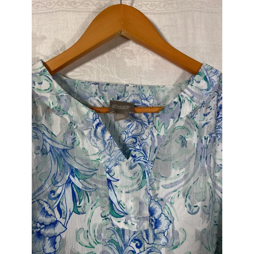 Chicos Tunic 3 XL White Blue Floral Silver Thread Sheer Burnout - Image 5