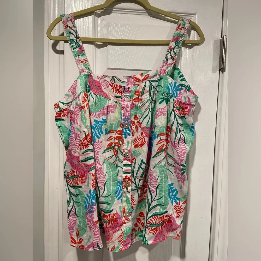 Cynthia Rowley Size L Smocked Strap 100% Linen Tropical Pearl Button Back Top - Image 9