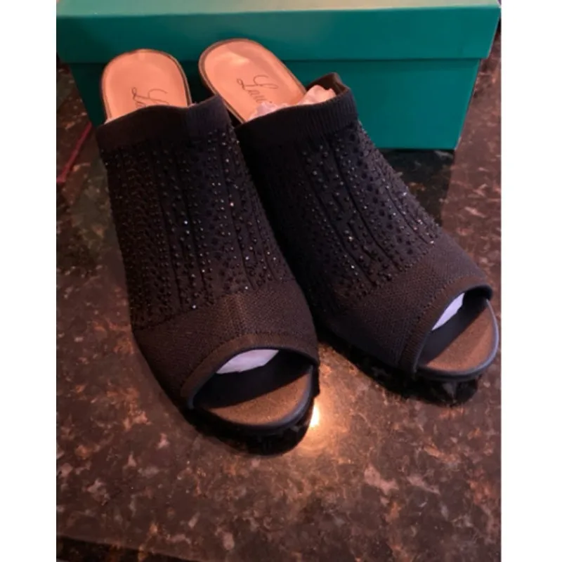 Brand New Lauren Lorraine Womens Size 7 Martha Black Rhinestone wedge slides - Image 2