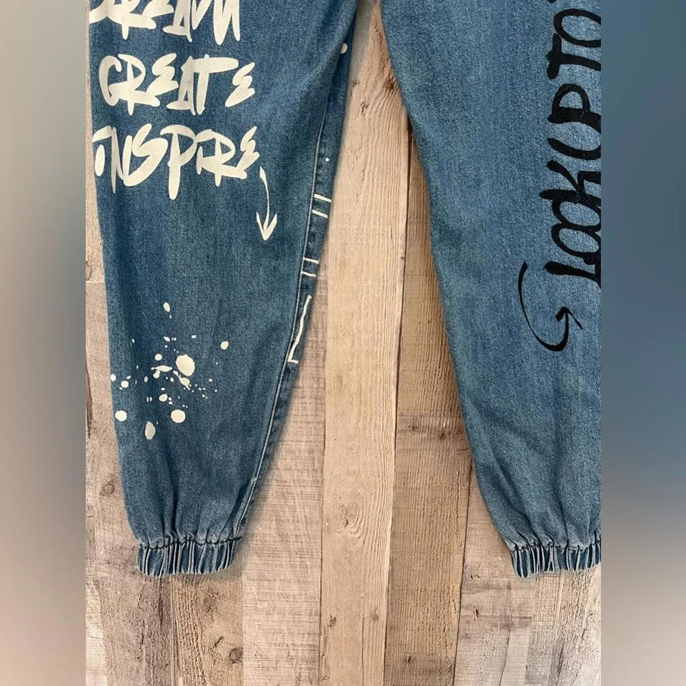 SONG Graffiti High Rise Denim Jogger Pants Women Size 9/29 Blue Jeans - Image 3