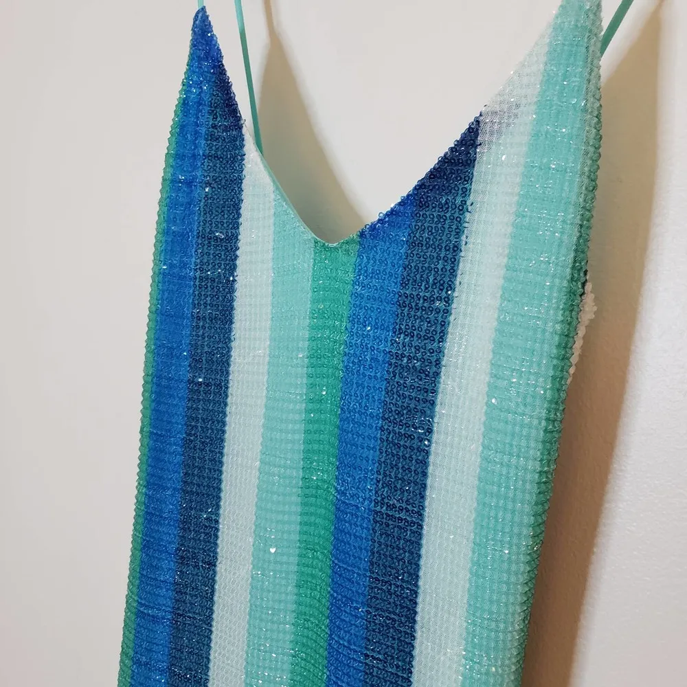 ZARA NWOT Sparkly Aqua Blue Striped Midi Tank Dress Size Small - Image 8