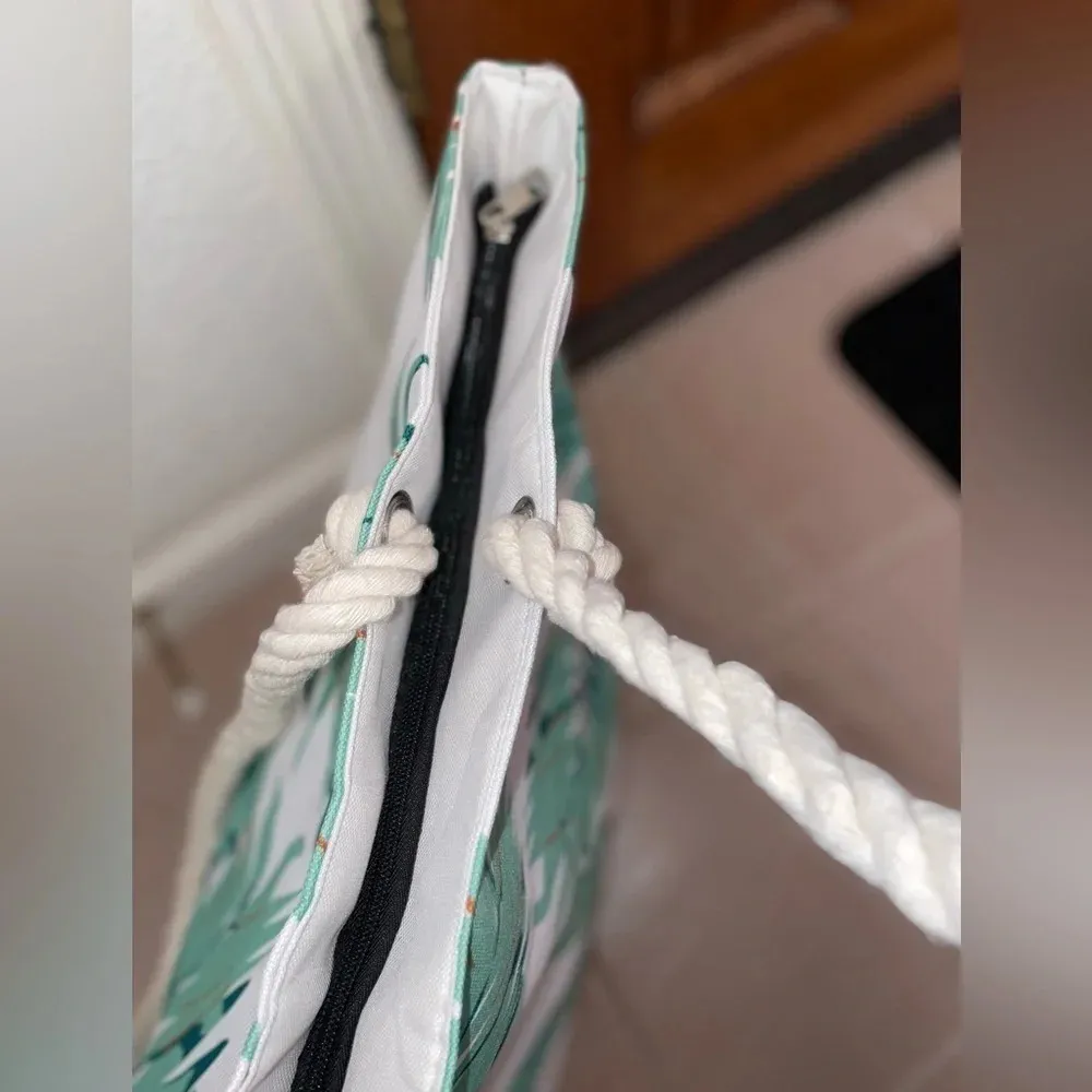 DONDON LARGE CANVAS PALM PRINT ZIP BEACH BACH TOTE WITH ROPE HANDLES WHITE MULTI - Image 6