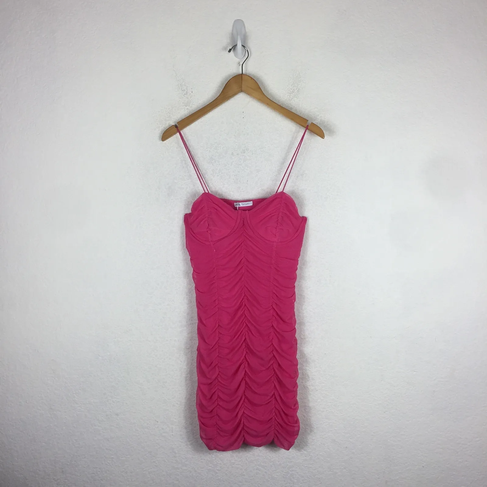 Zara Pink Ruched Mini Dress Size Large Tulle Corset Bustier Barbie Cocktail Y2K - Image 4