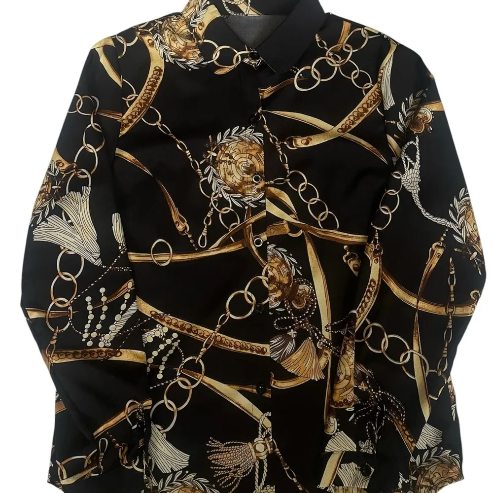 Elegant Black and Gold Chain Print Blouse - Image 3