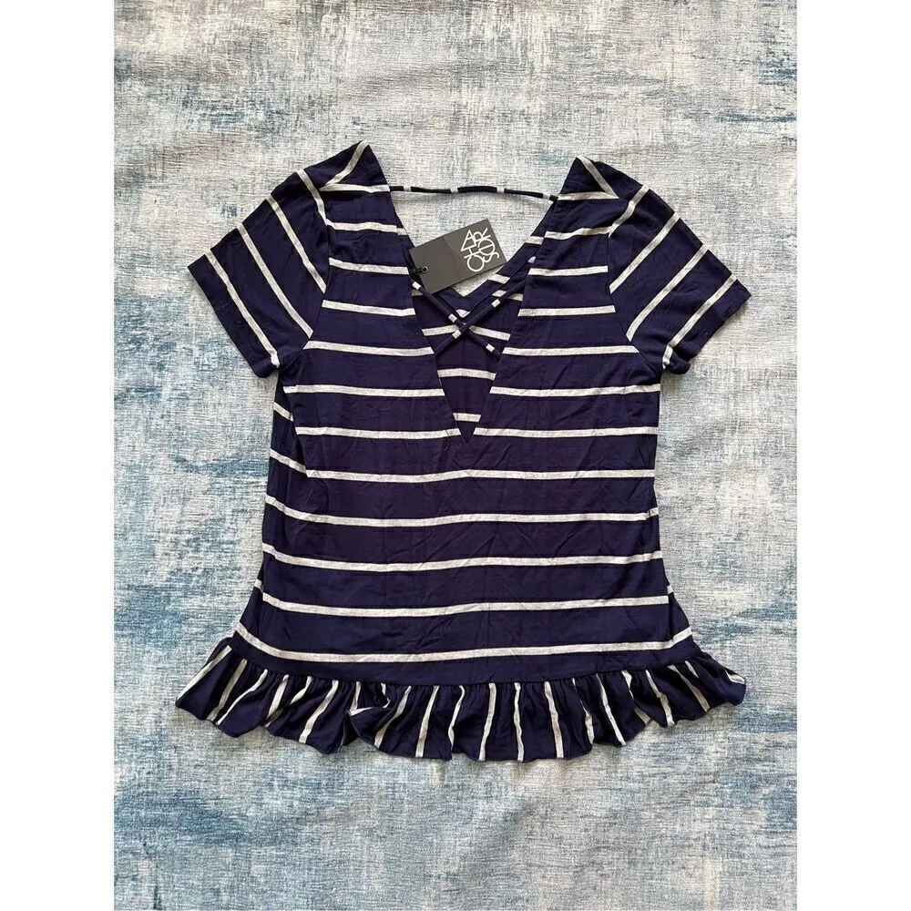 NWT! Chaser Navy Blue Gray Stripe Strappy Double V Peplum Cool Jersey Tee Medium - Image 7