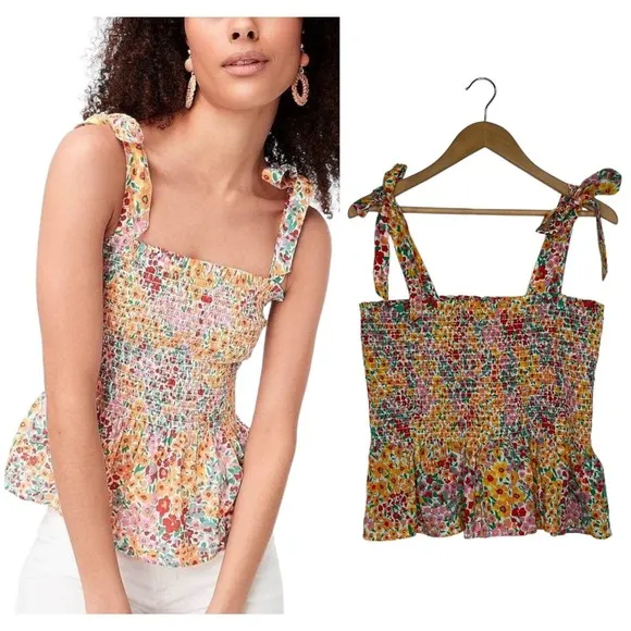 New J Crew Top Womens M Smocked Ditsy Floral Tie Shoulder Straps Tank Multi - Image 2