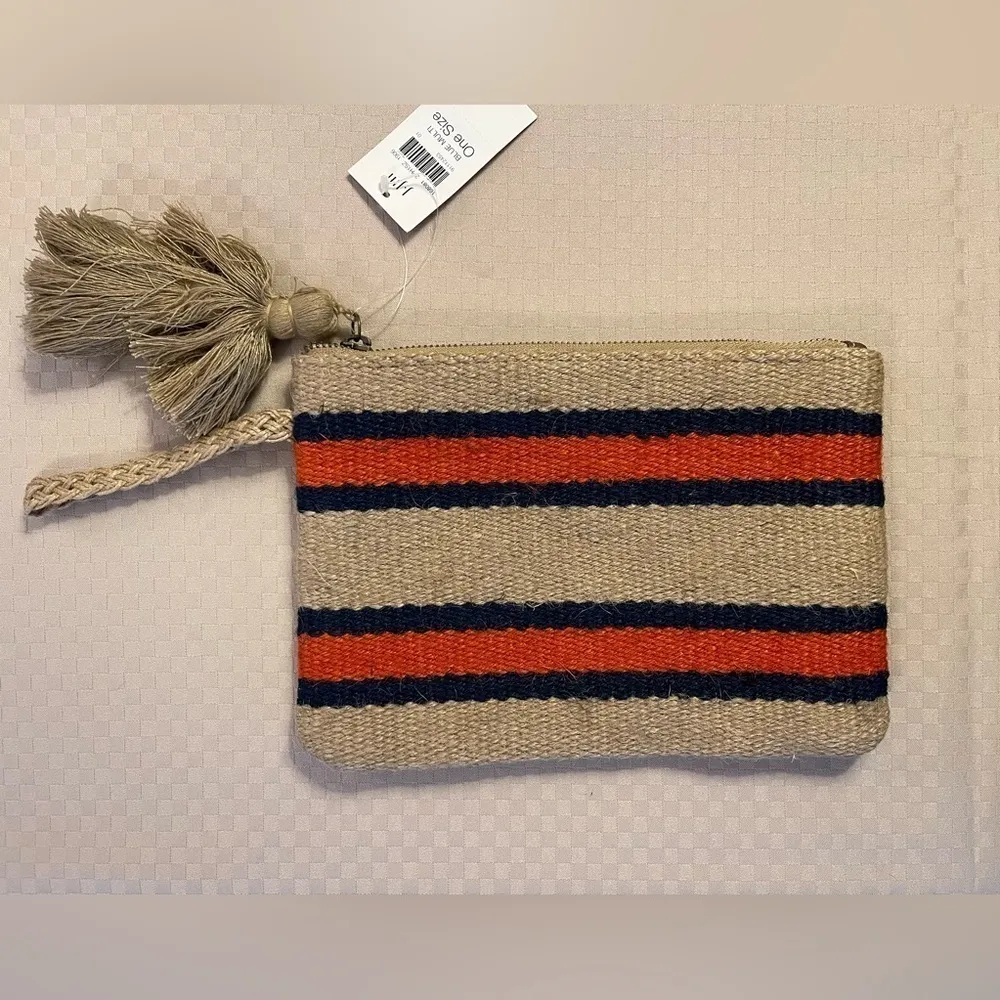 J. Jill NWT jute blue, orange & natural zip clutch bag w/tassel. - Image 2