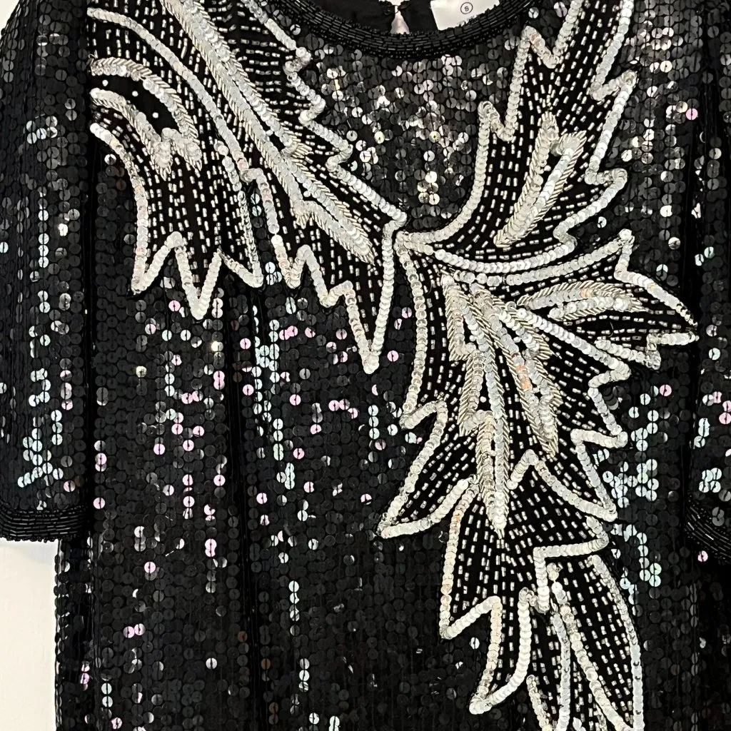 Stenay 100% silk black silver sequined blouse size small 80s statement costume - Image 4