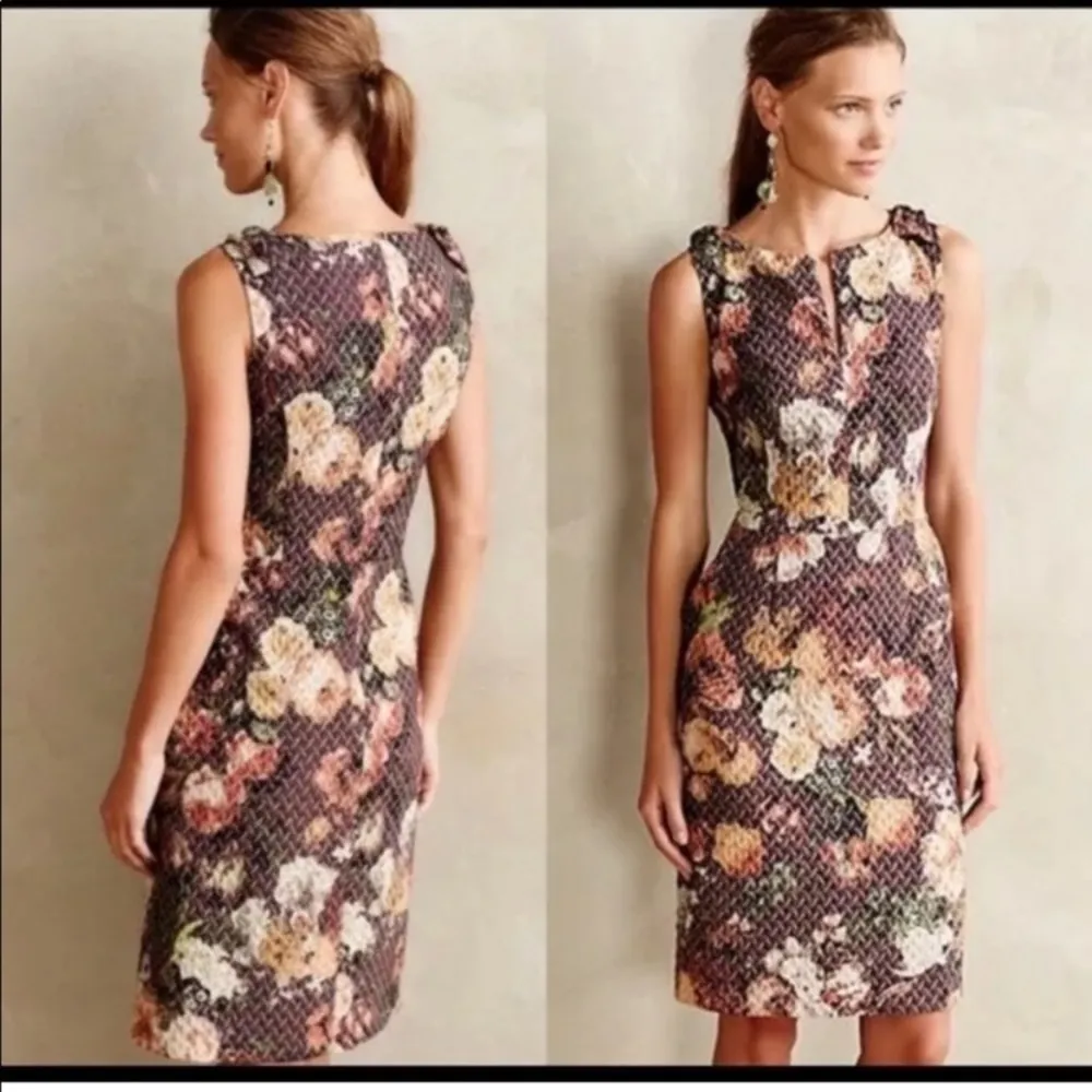Anthropologie Tabitha Quilted Floral Textured Dress Size 6 Petite Women's Brown - Image 4