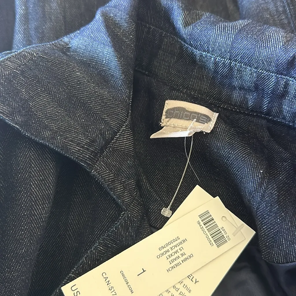 NWT CHICOS DENIM TRENCH TIE WAIST JACKET IN HERITAGE INDIGO SZ-1 US 8/10 - Image 5
