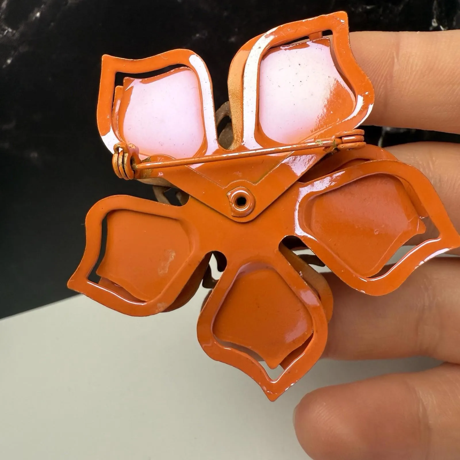 Retro Orange Enamel Metal Flower Brooch Pin AB Aurora Borealis Rhinestone - Image 13