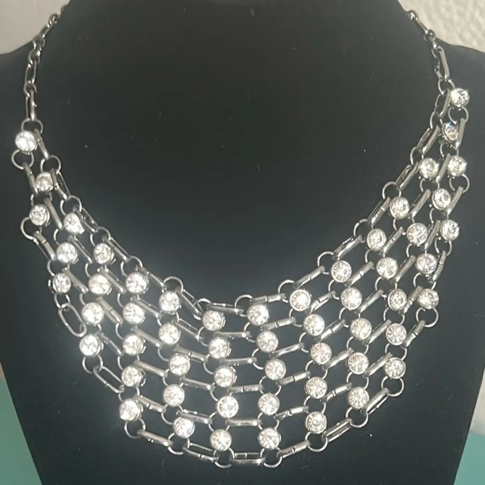Lani Gunmetal Chain Paperclip Link and Rhinestone Statement Bib Collar Necklace White - Image 7