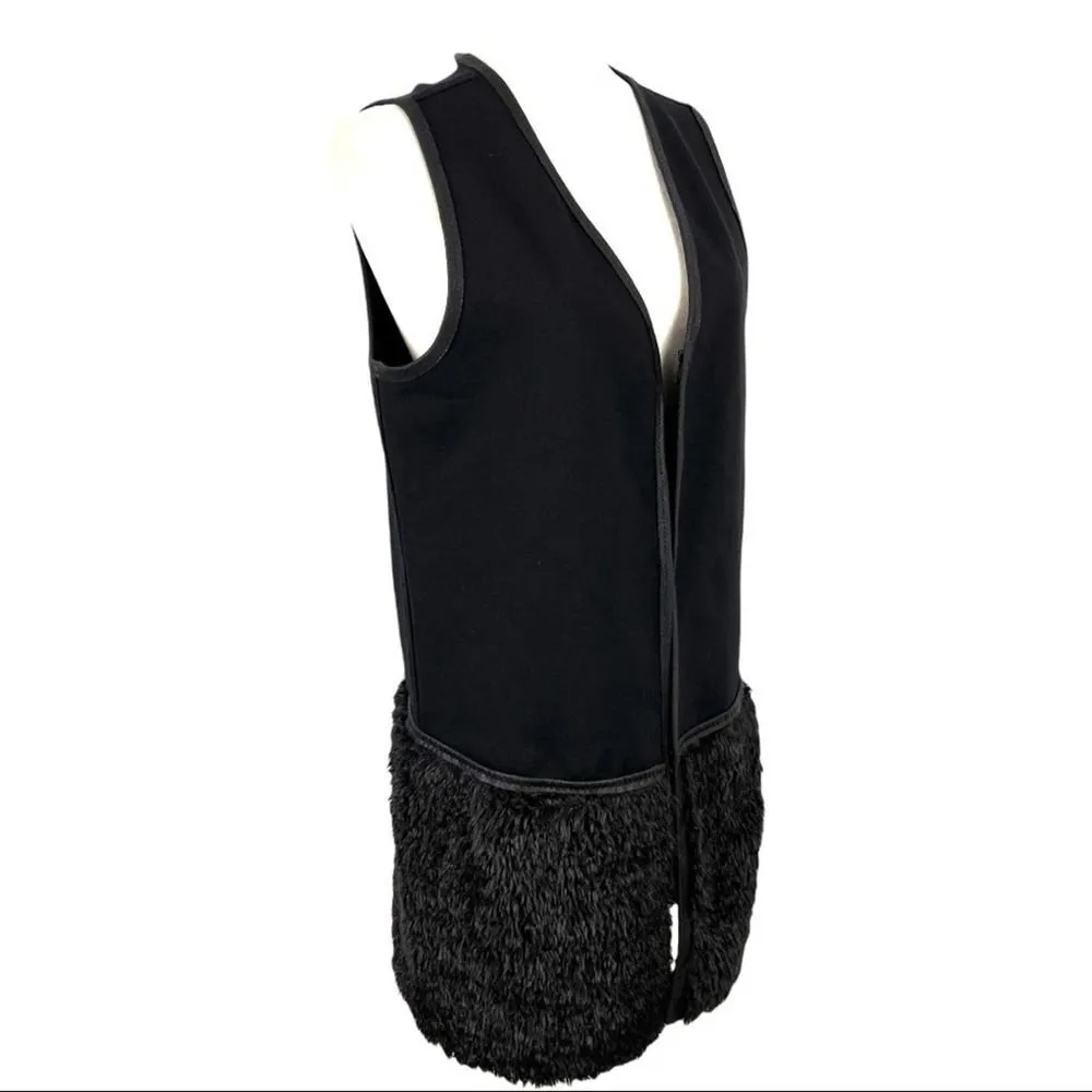Max Studio Faux Fur Shearling Black Long Vest Duster Jacket Sleeveless Medium - Image 10