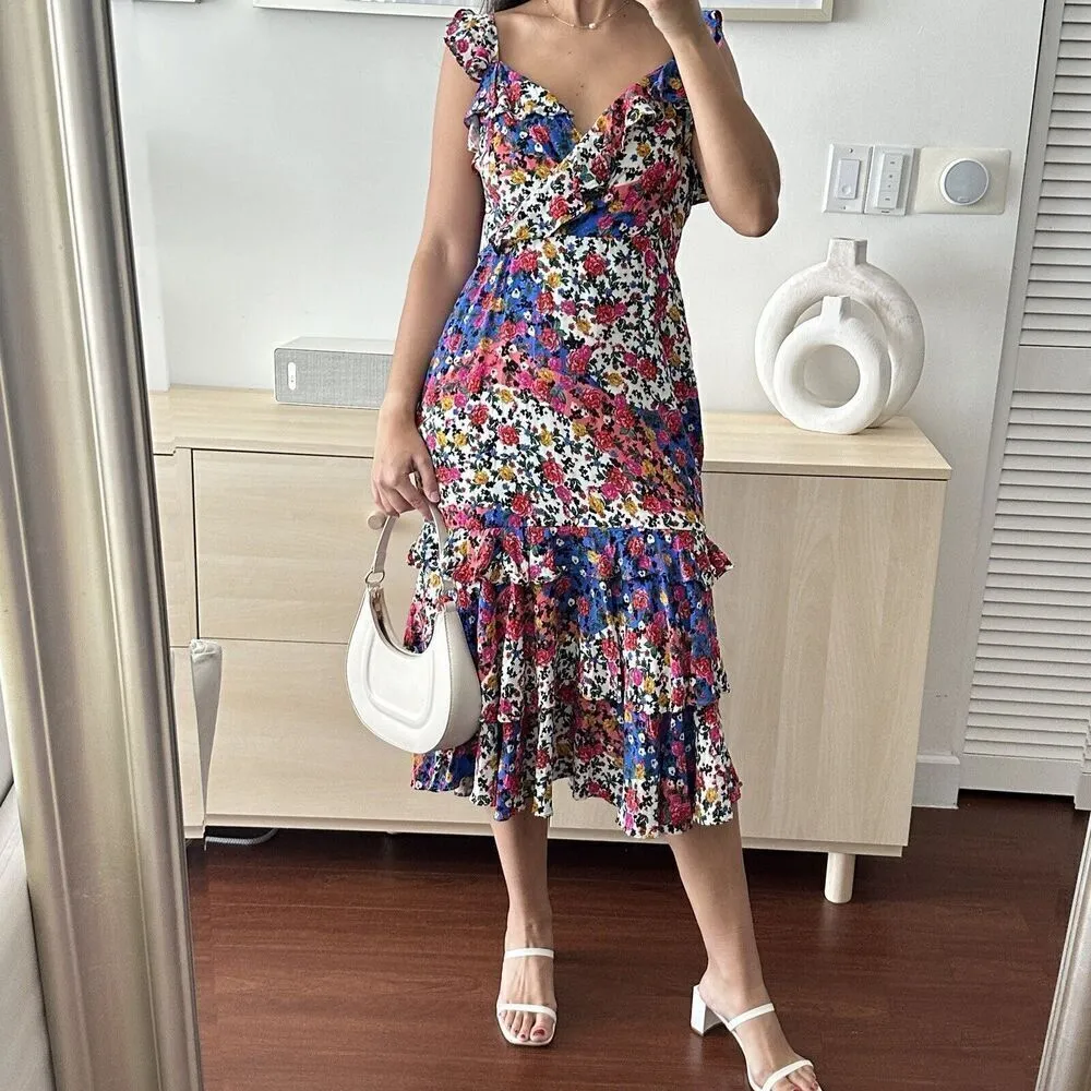 Majorelle Nolita Dress Womens Large Midi Floral Dress Patchwork Revolve Ruffle - Image 3