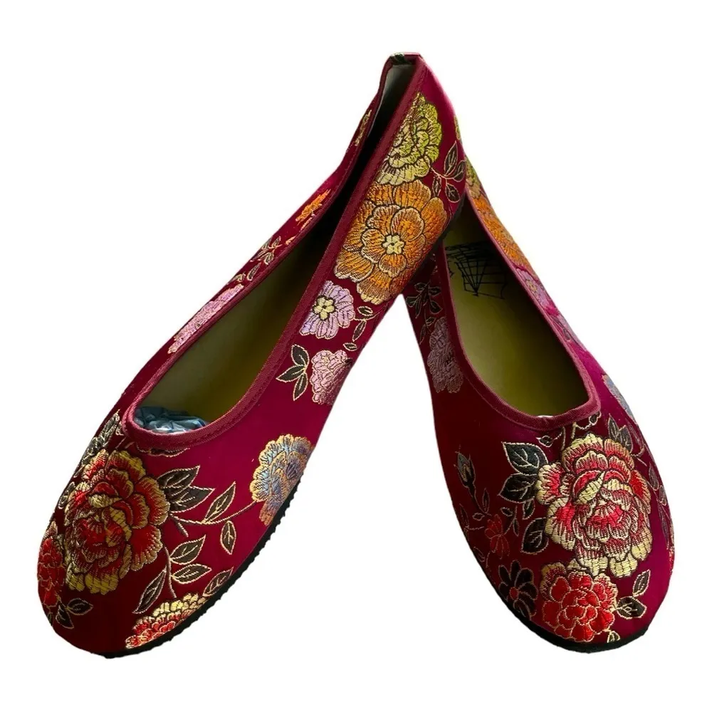 Embroidered Floral Ballet Flats Red Brocade Asian Inspired Slip - Image 2