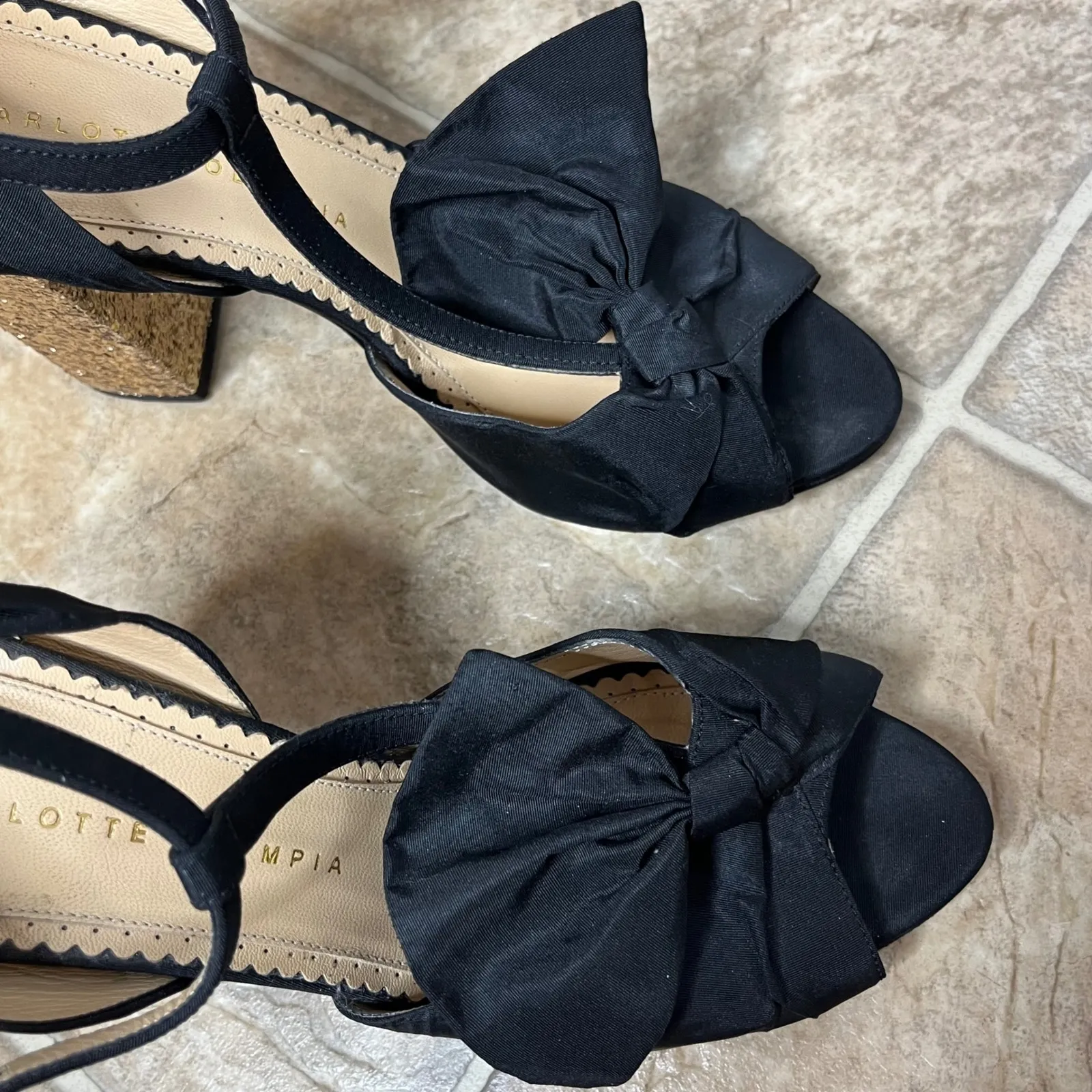 Charlotte Olympia Size 38 Black Satin Bow Block Heel Sandal T Strap Gold Glitter - Image 2
