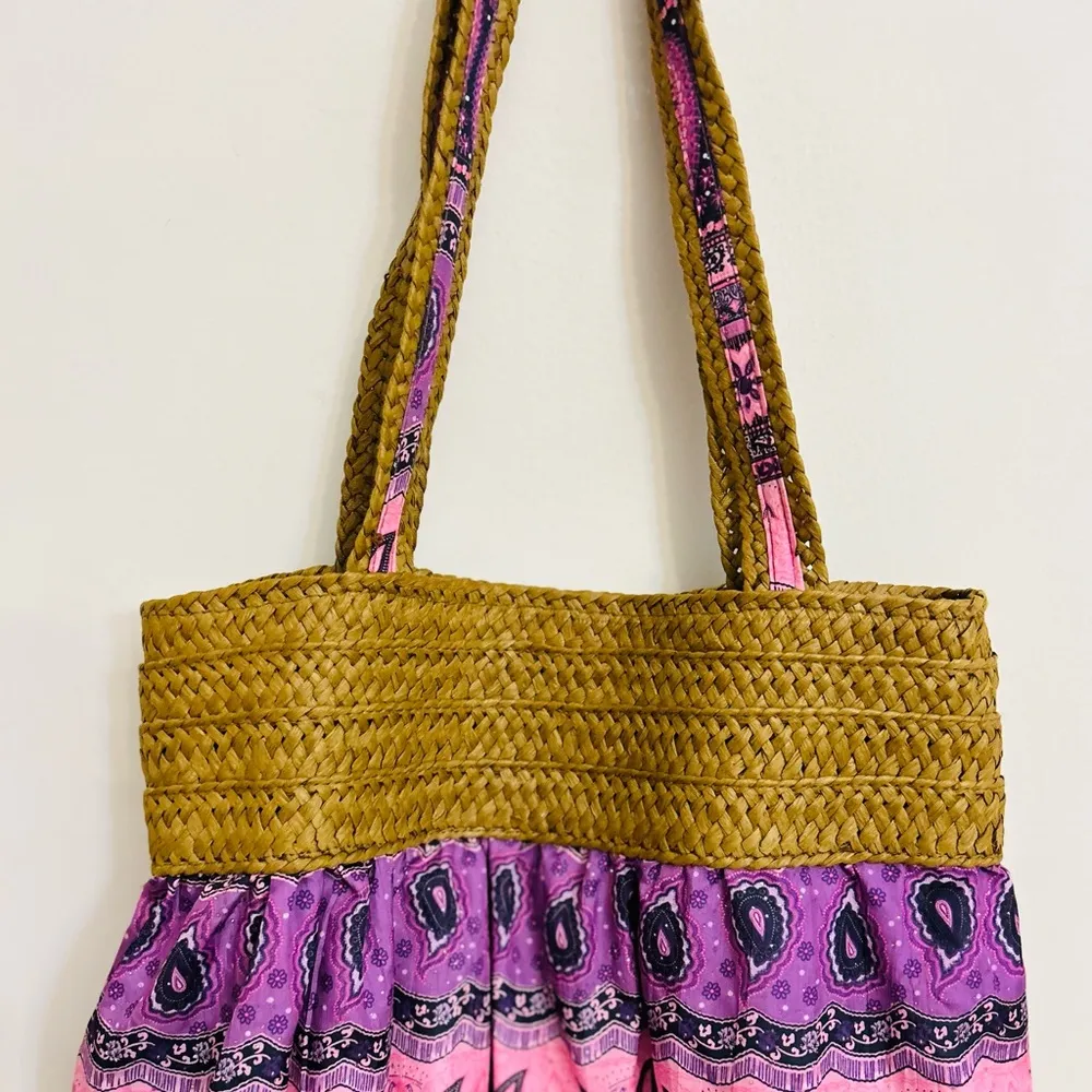 Straw Fabric Purple Pink Multicolor Paisley Casual Fun Large Tote Exotic Bag - Image 4