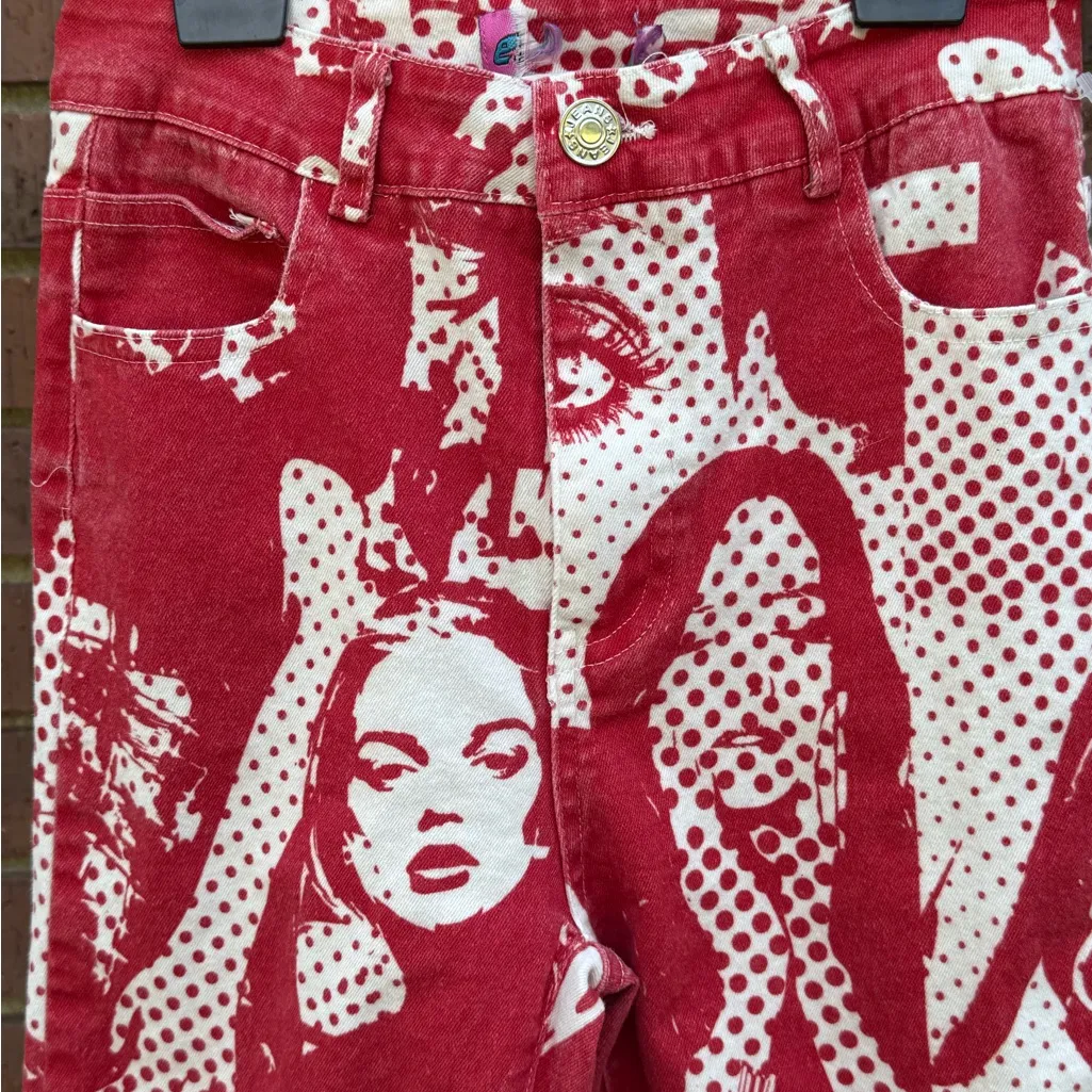 Edikted Andy Print Red White Face Novelty Print Flare Bell Bottom Jeans Size XS - Image 3