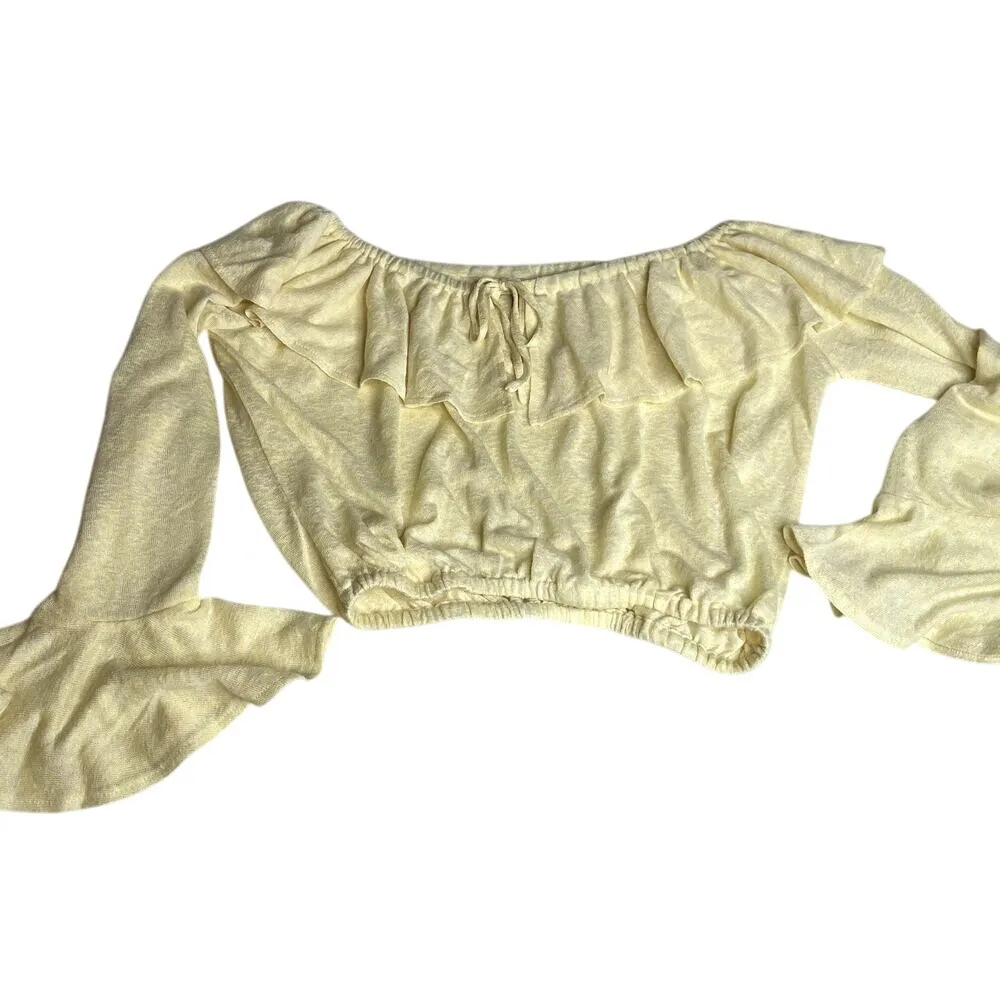 Amuse‎ Society Off The Shoulder Ruffle Crop Top Long Sleeve Yellow Size S - Image 2