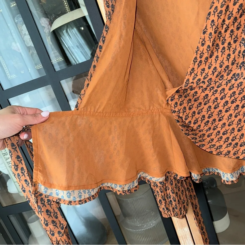 Porridge Block print blouse top wrap side tie long sleeve rust floral babydoll Brown - Image 5