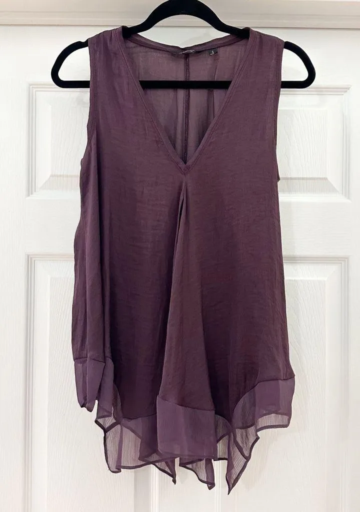 Vera Wang Sleeveless Satin Chiffon Asymmetrical Hem V Neck Top Purple sz Small - Image 3