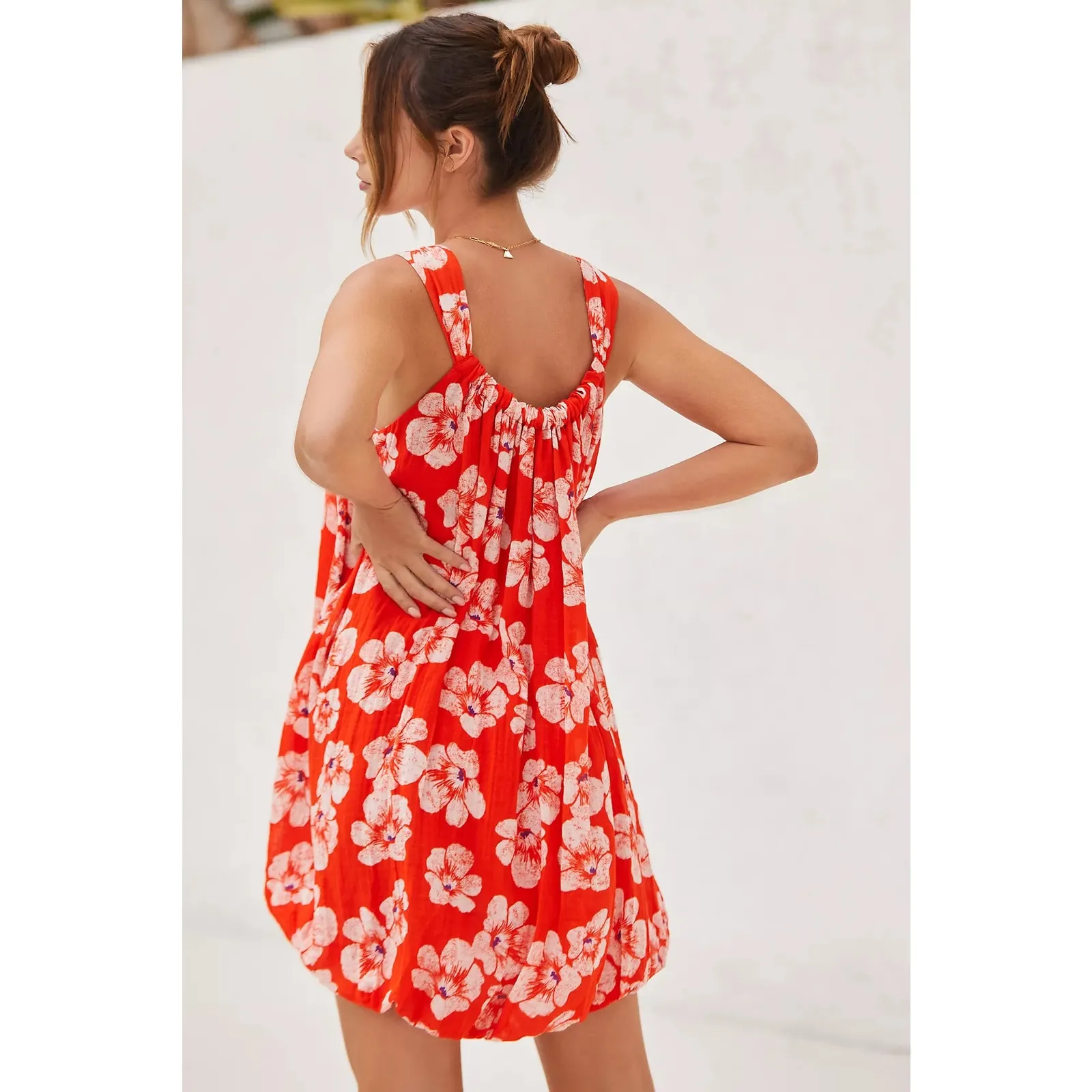 NEW By Anthropologie Red Floral Tiered Gauze Bubble-Hem Relaxed Mini Dress S - Image 2