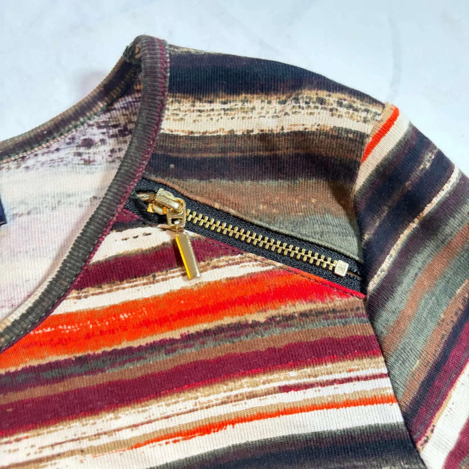 Rafaella womens 3/4 sleeve striped shirt. Zipper detail at shoulder, Size PXS - Image 3