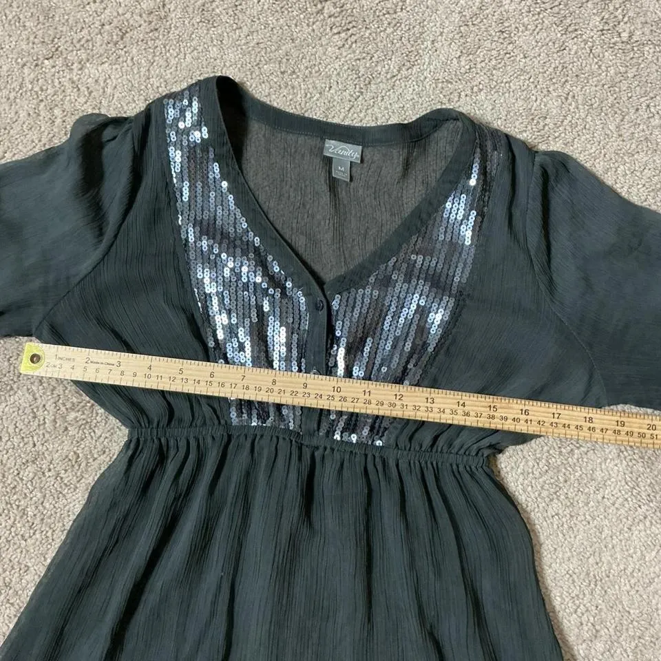 Y2K Vanity Women Gray Sequin Embellished V Neck Sheer Top Blouse M Grunge - Image 3