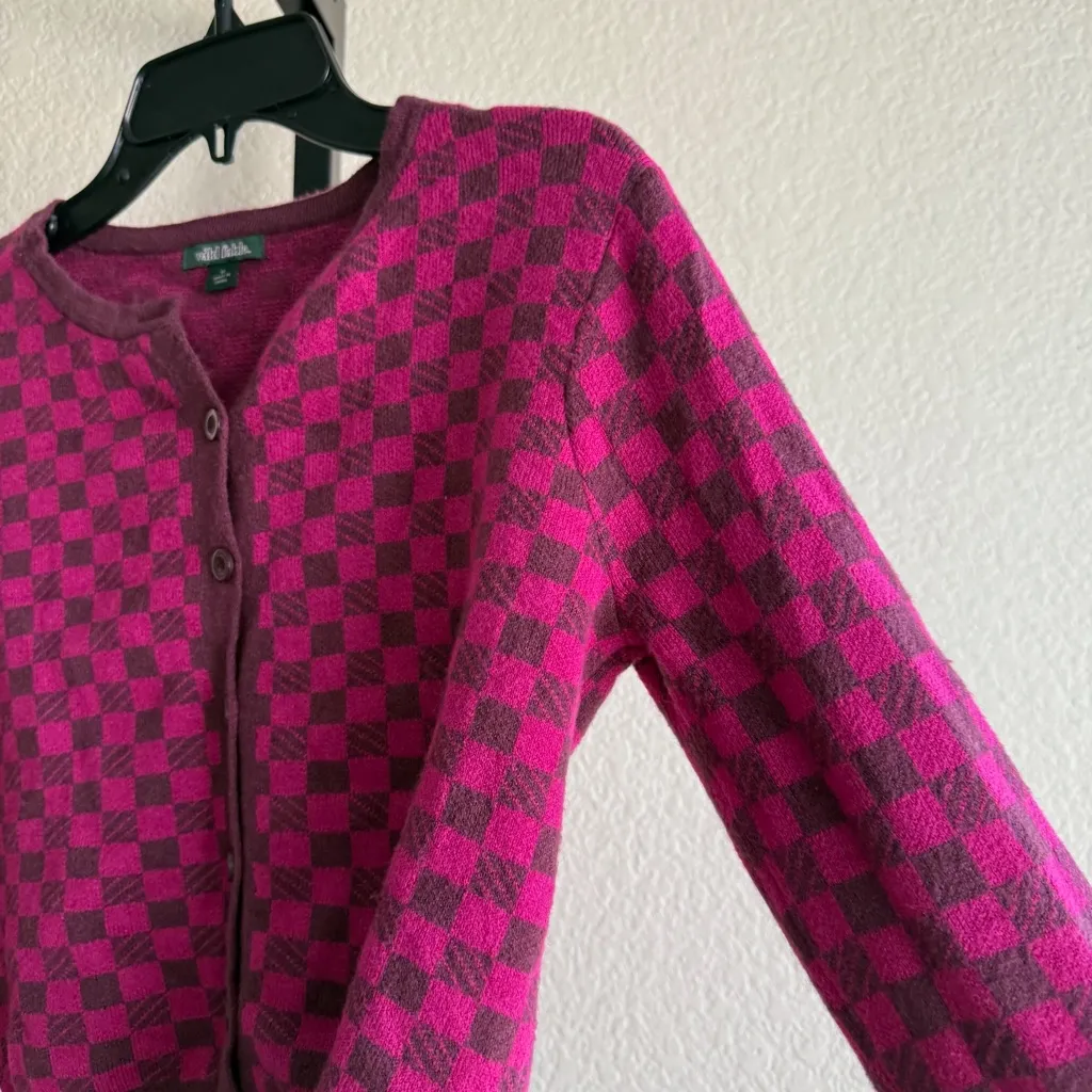 Womens Cardigan Pink Burgundy Checkerboard Cropped Sweater Y2K Retro Size Medium - Image 6