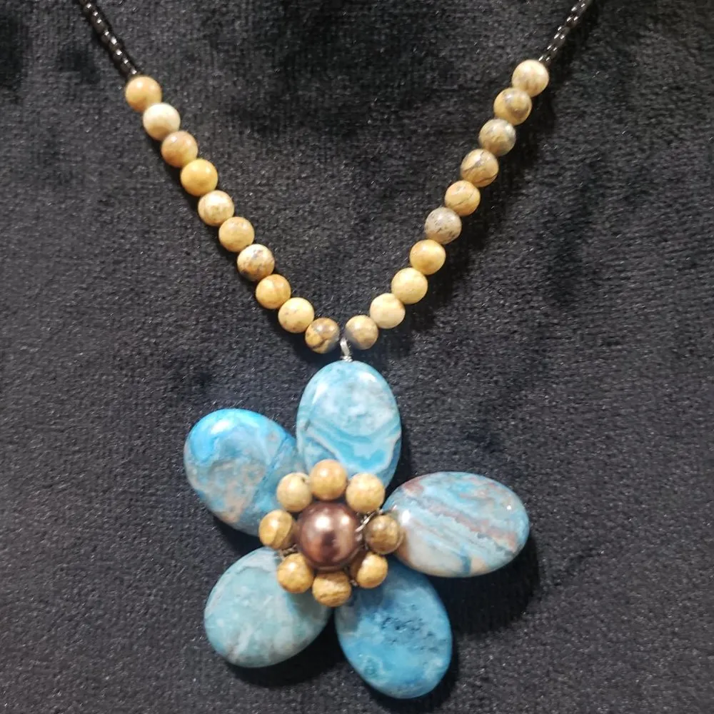 Womens Faux Pearls and Pale Light Blue Big Flower Beaded Pendant Collar Necklace - Image 3