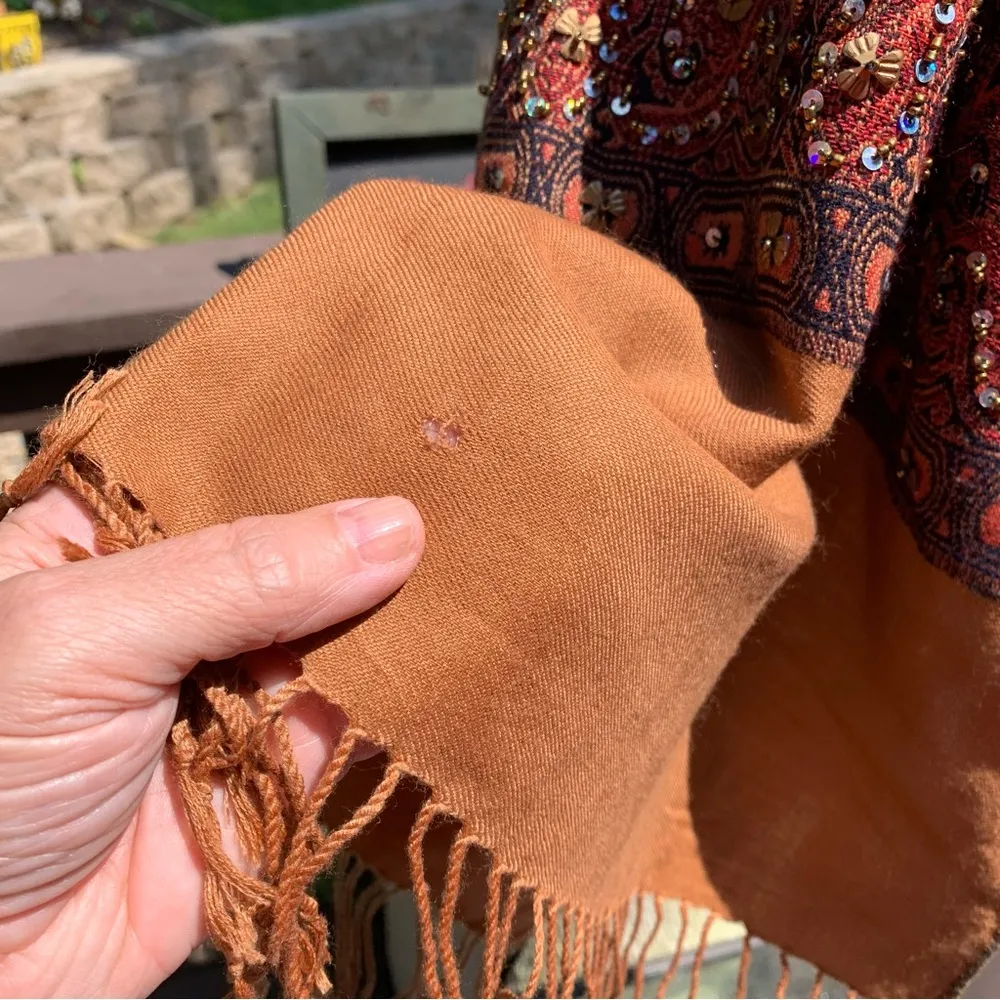 Unbranded Womens Rectangular Wrap Scarf Shawl Navy Blue Mirrors Embroidered - Image 4