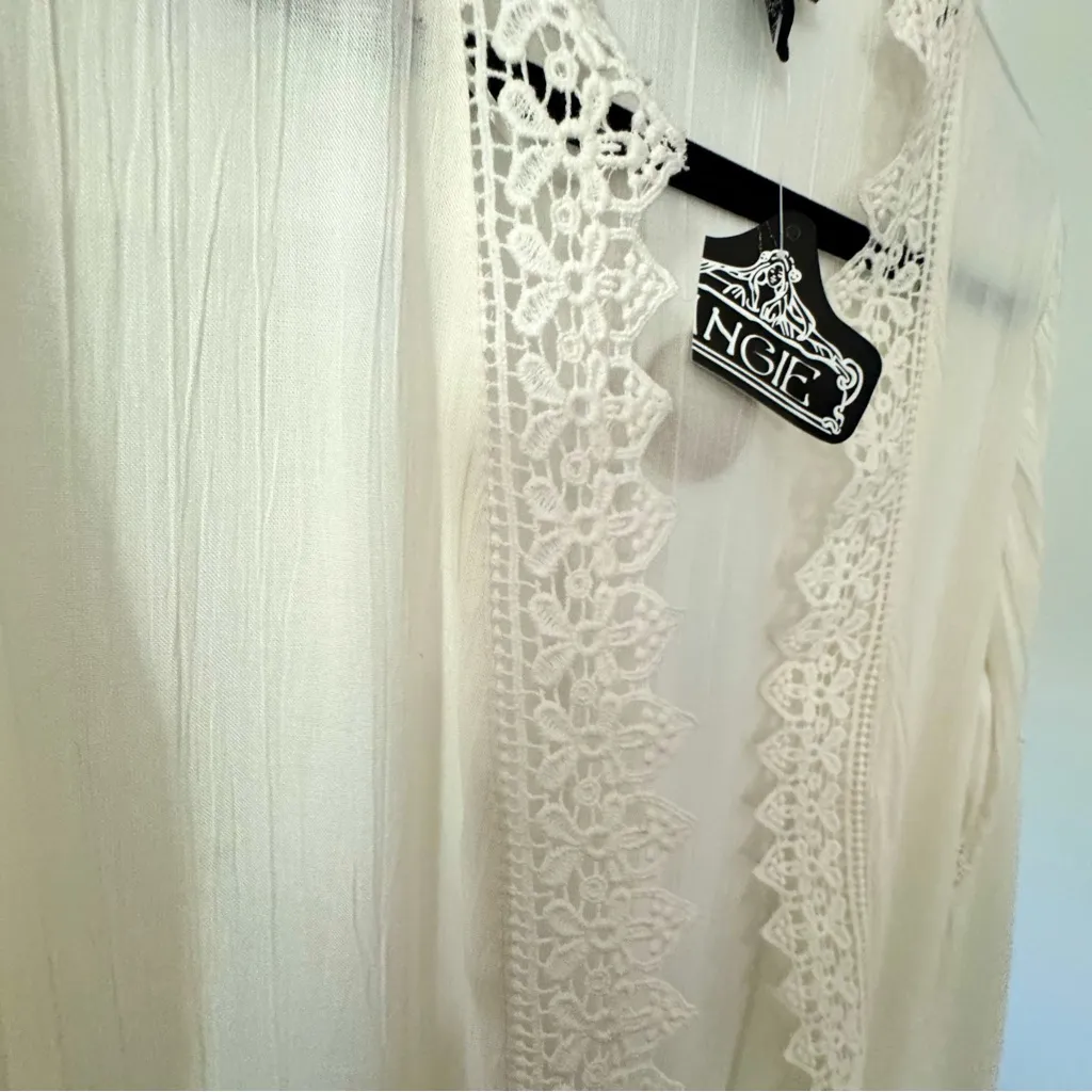 Women's‎ Boho Flowy Cream Crochet Lace Trim Bell Sleeve Kimono Duster Size Small - Image 3