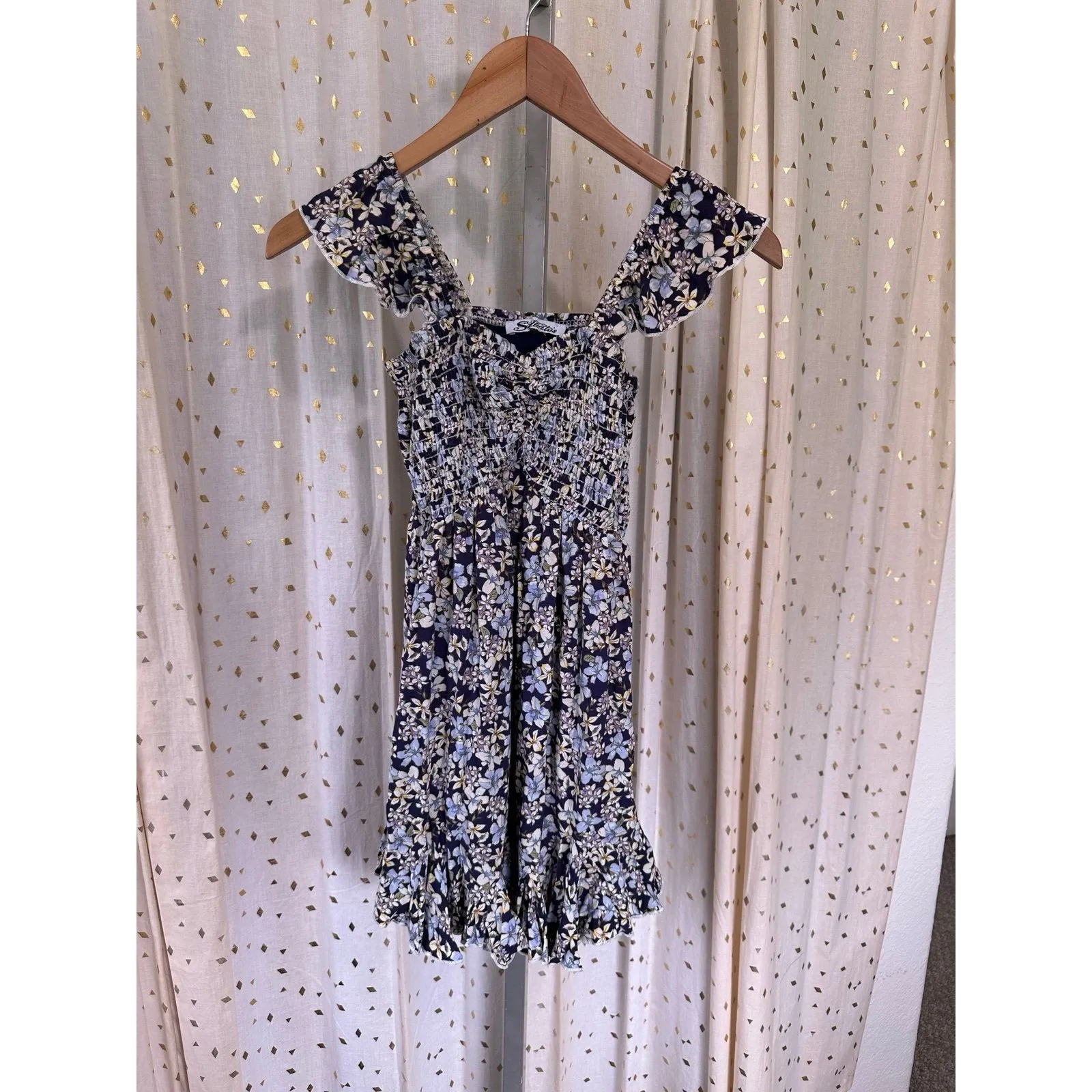 Stillettos Flutter Sleeve Sweetheart Smocked Woven Godet Floral Mini Dress XS - Image 2