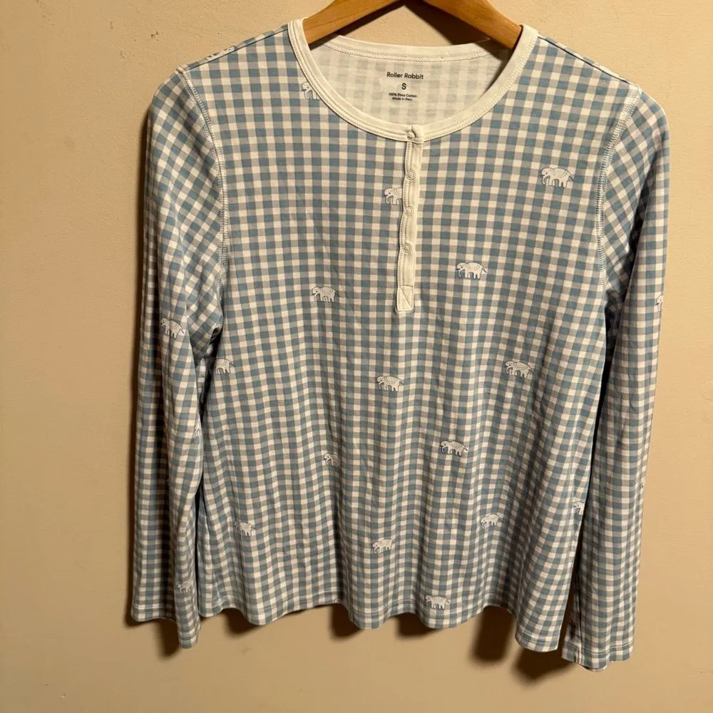 Roller Rabbit Hathi Gingham Pajama Blue Elephant PJ Top- Size Small - Image 3