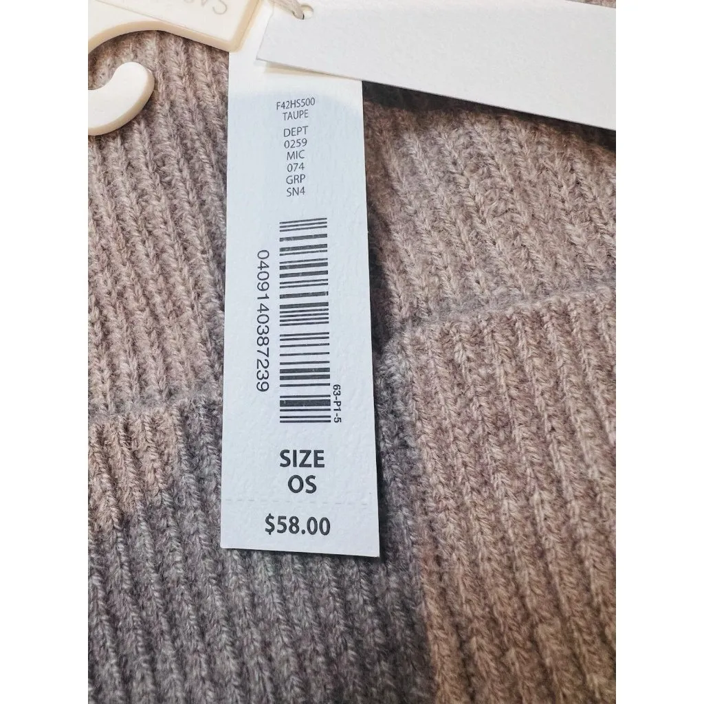 SASSO + SMYTH Ribbed Cuff Faux Fur Pom Beanie in Taupe #F42HS500 NWT Tan - Image 4