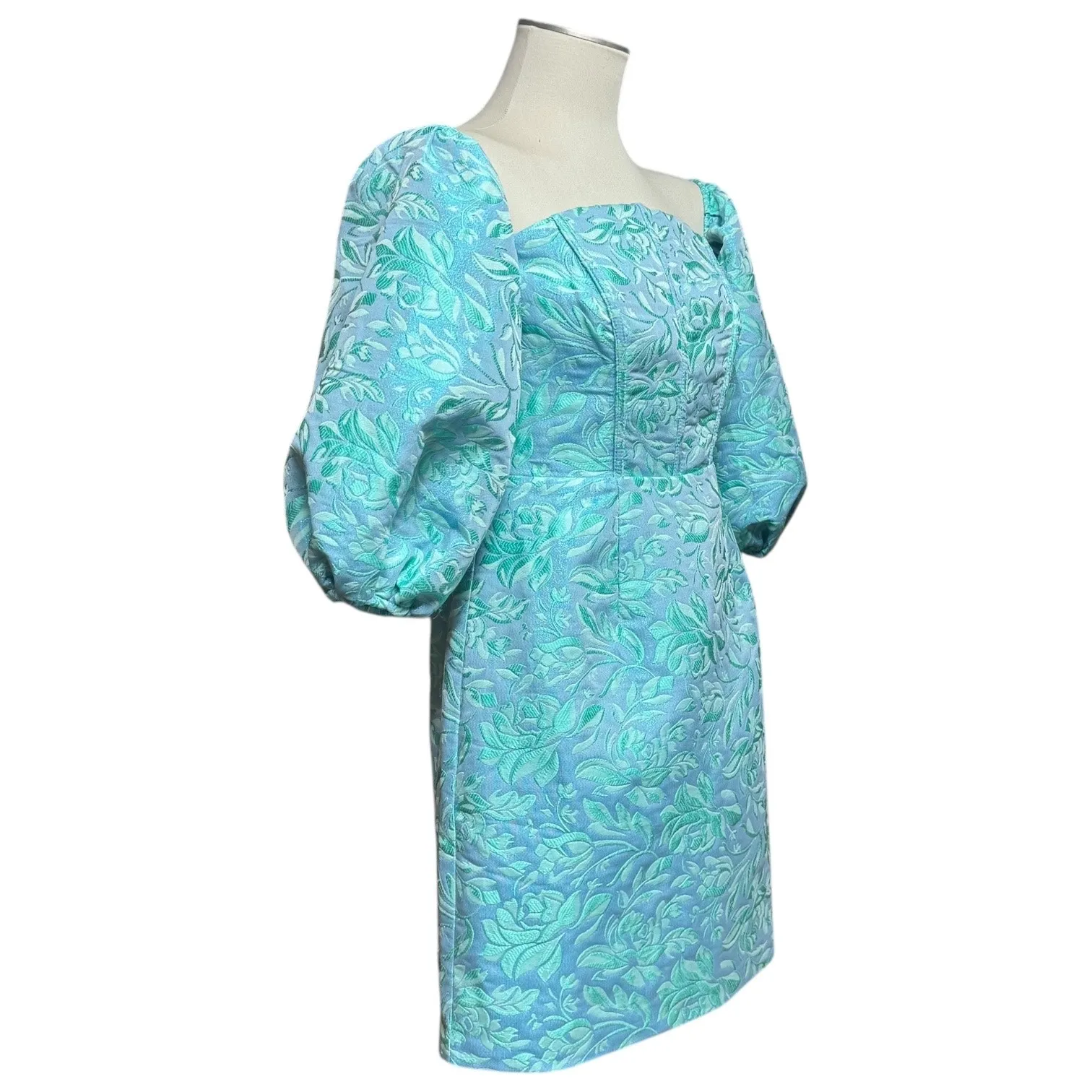 Chi Chi London Off the Shoulder Puff Sleeve Mini Dress Blue Green Metallic US 8 - Image 5