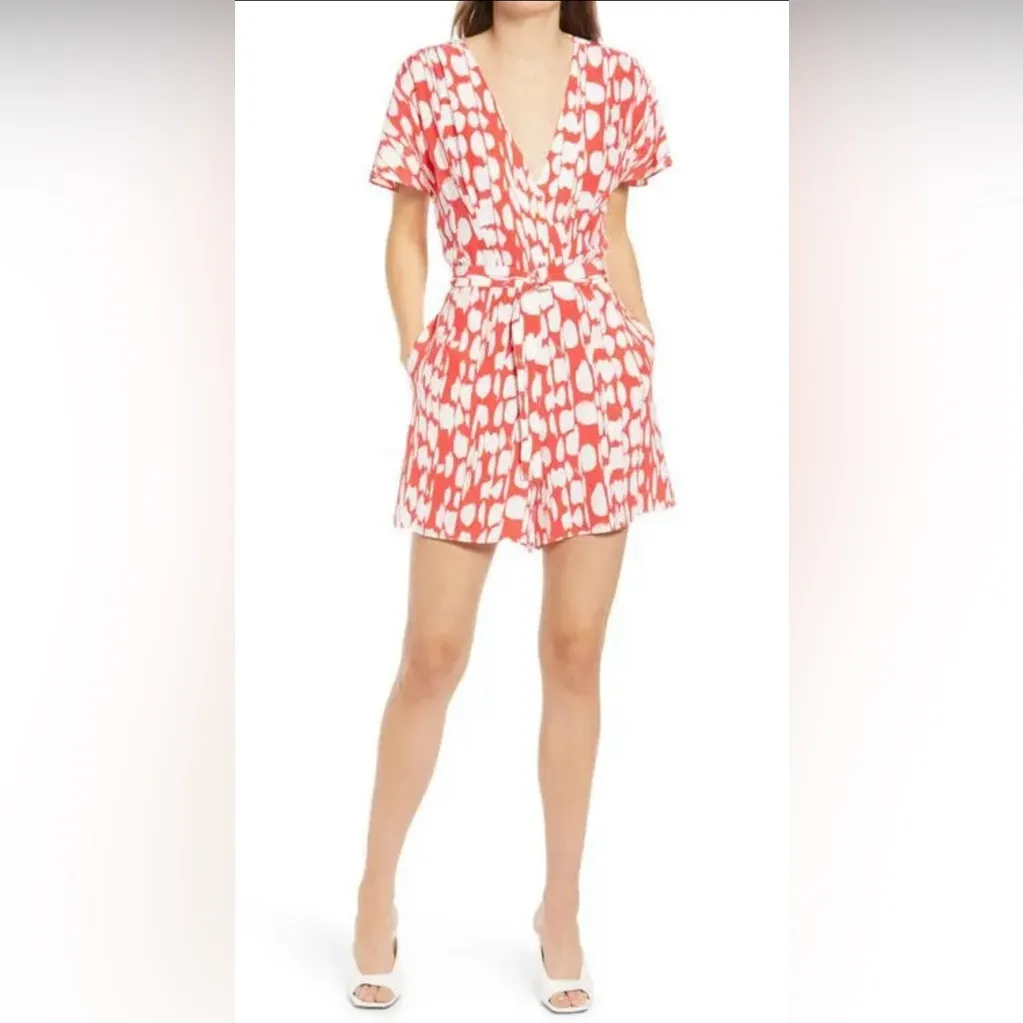 French Connection Baez Drape Printed Playsuit‎ Romper Lollipop Red Multi Size 0 - Image 3