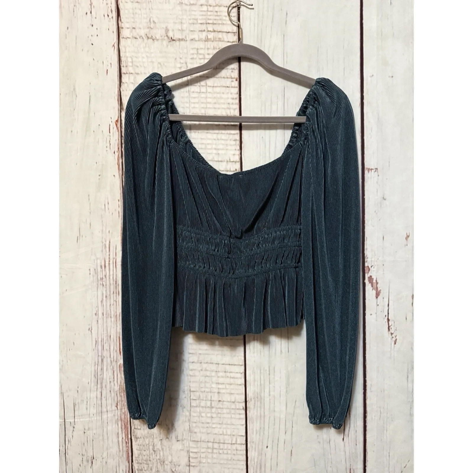 ASTR The Label Ziva Top Pleated Balloon Sleeve Plisse Blouse Deep Teal Medium - Image 2