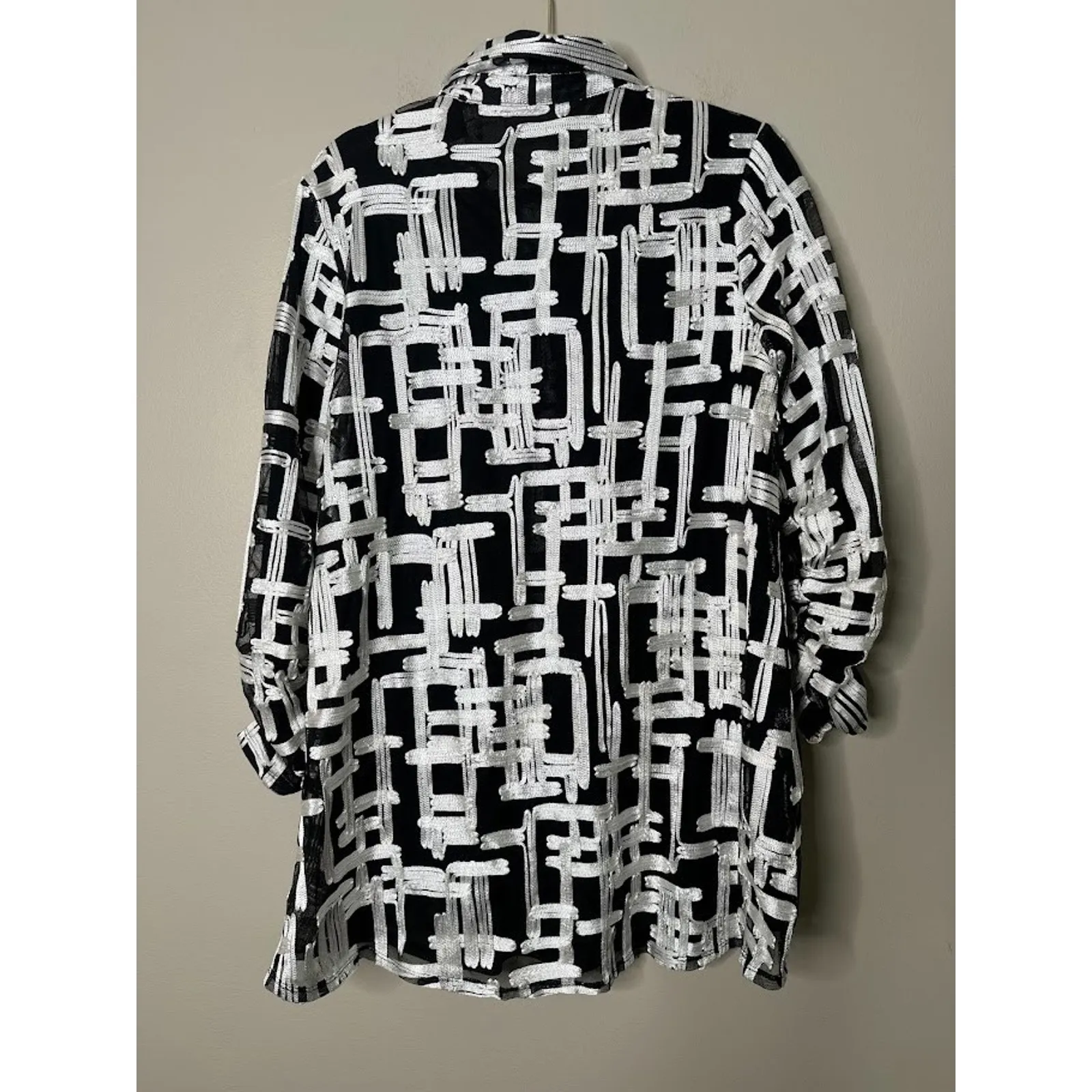 Chicos Applique Abstract Shirt Jacket Medium Art to Wear Black White Oversize - Image 5