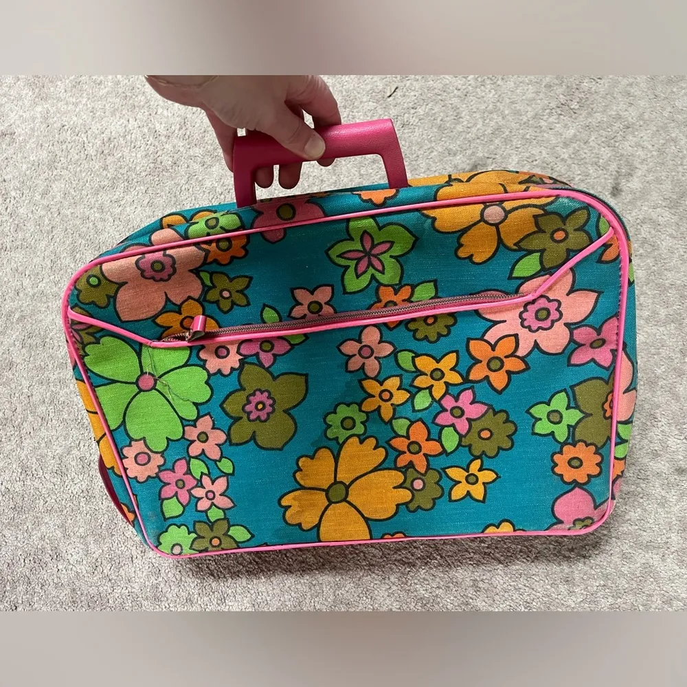 Floral Vintage Suitcase with Pink Trim Blue - Image 6
