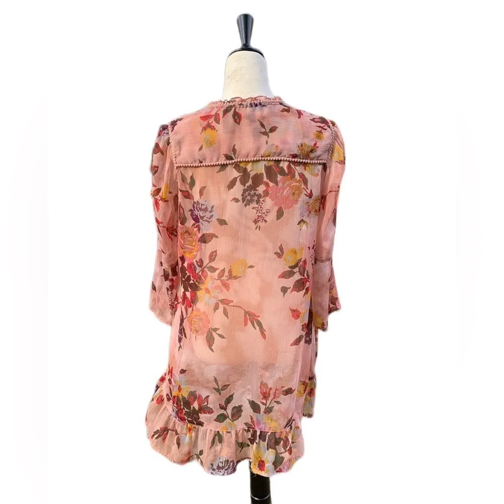 BKE Boutique Boho Floral Sheer Tunic Top Size S | Pink Lace Tassels Ruffle Hem - Image 4