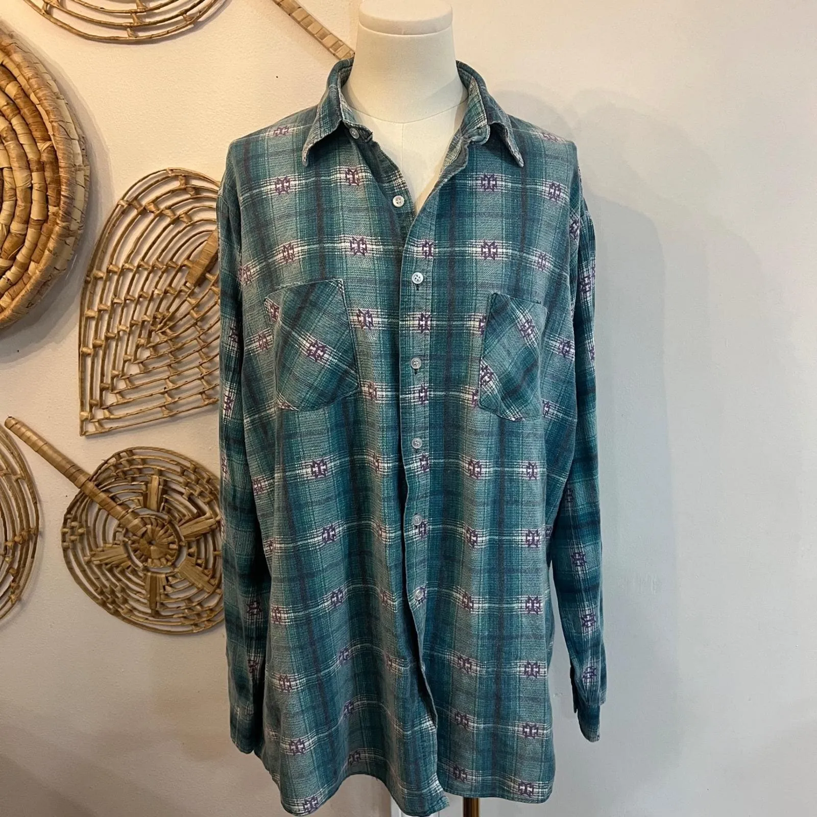 Vintage 90s Teal Plaid Flannel Shirt Made in USA Cotton Grunge Boho Western L Blue Size L - Image 2