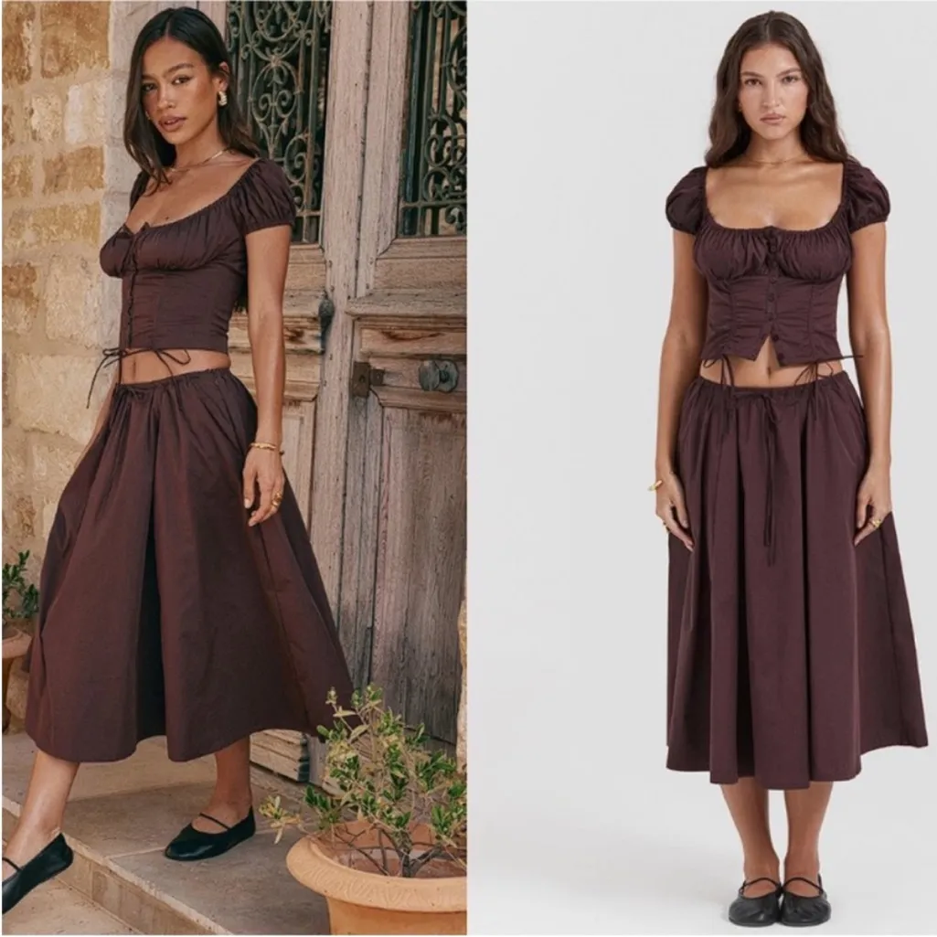 HOUSE OF CB 'Cora' Rich Brown Gathered Midi Skirt‎ NWOT size L - Image 5