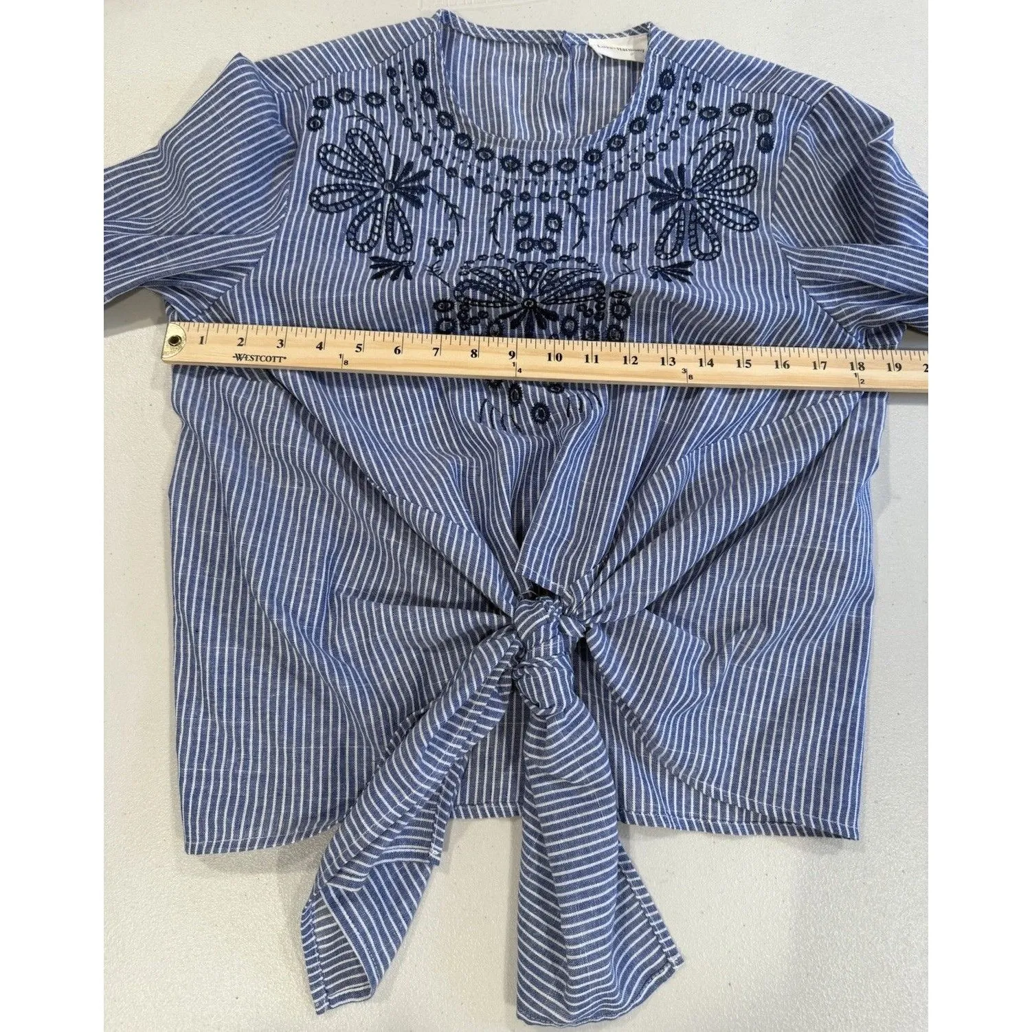 Love+Harmony Top Womens Small Striped Embroidered 100% Cotton Preppy Coastal Blue - Image 7
