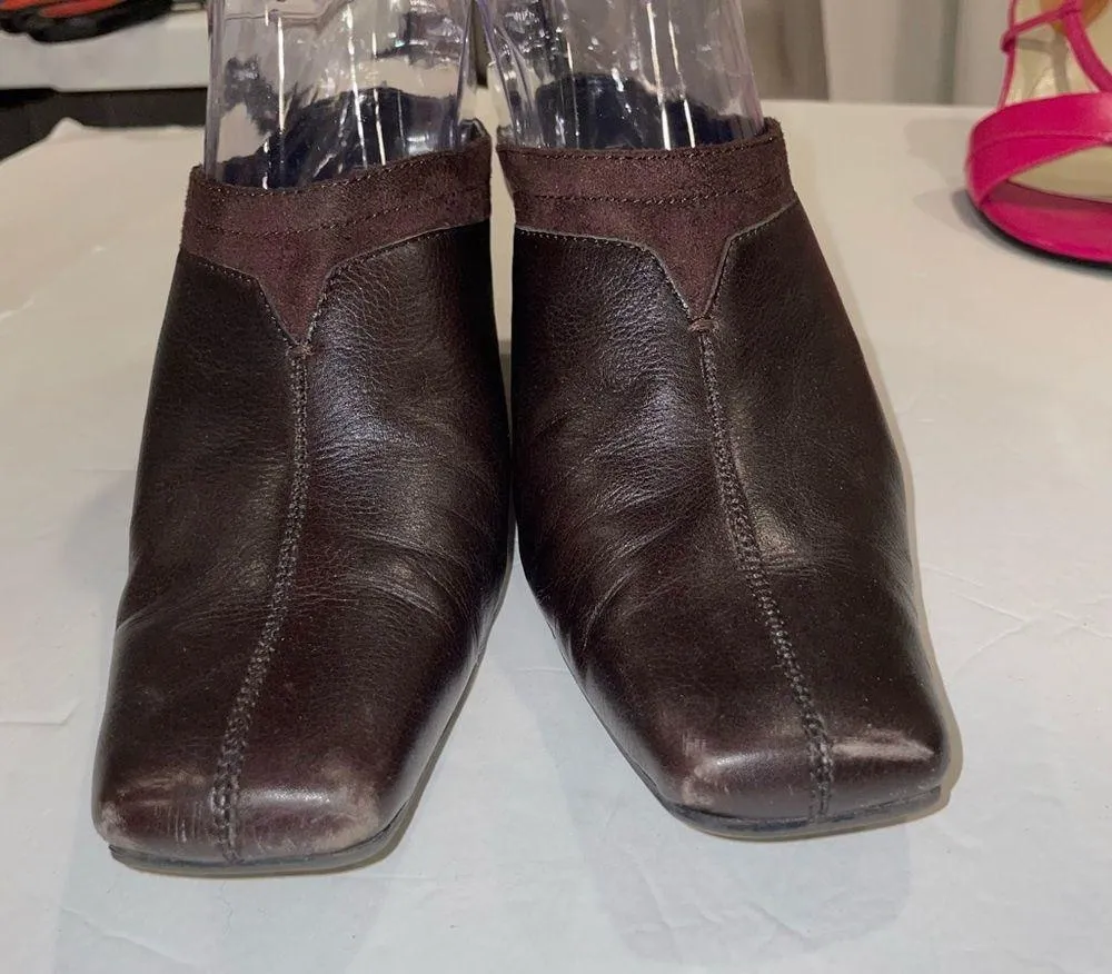 Y2K chocolate brown leather suede chunky heeled mules square top liz Claiborne - Image 4